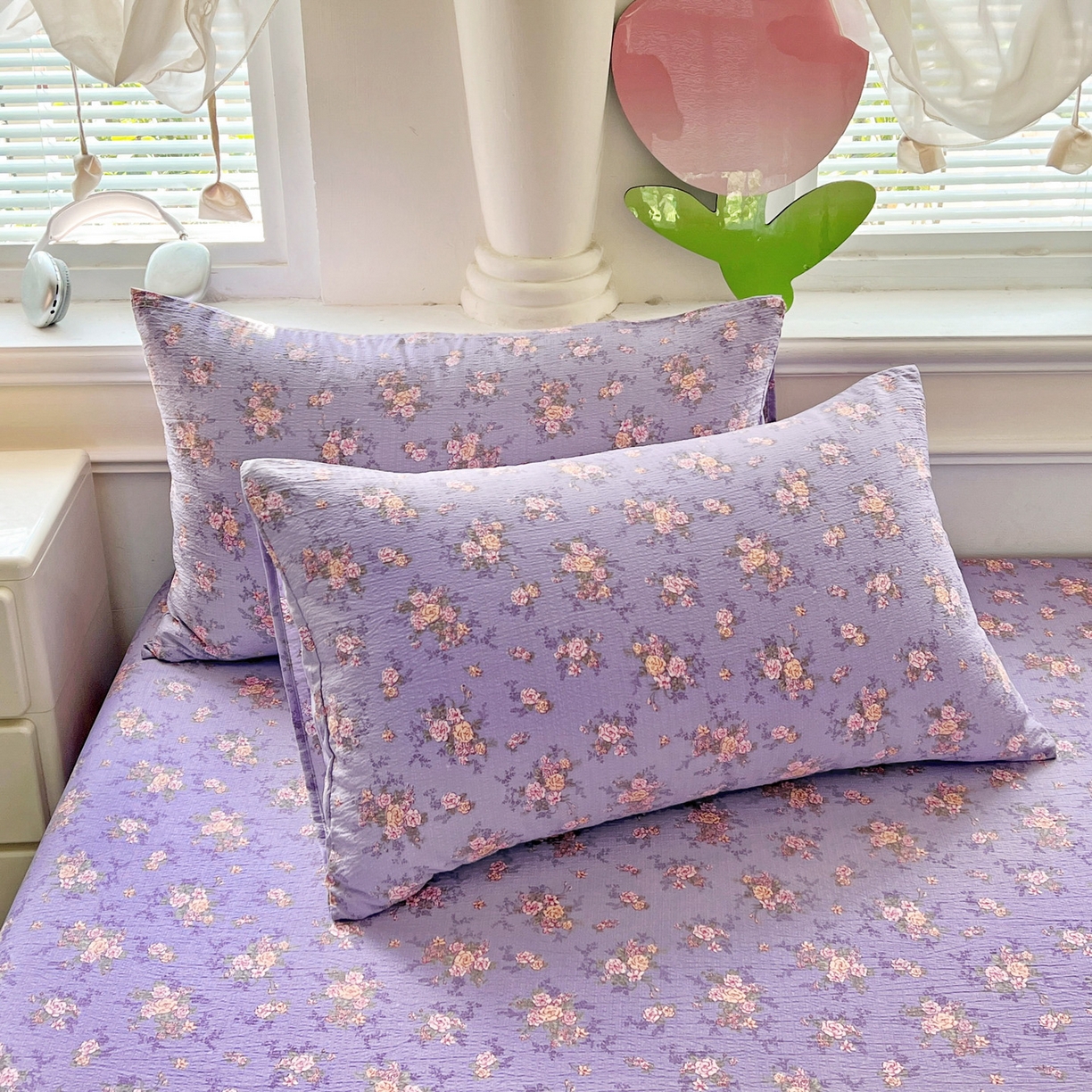 91家纺网 家纺一手货源 找家纺 优选良品 2025新款ins小清新木棉双层纱印花床笠床垫保护罩枕套三件套 花汀