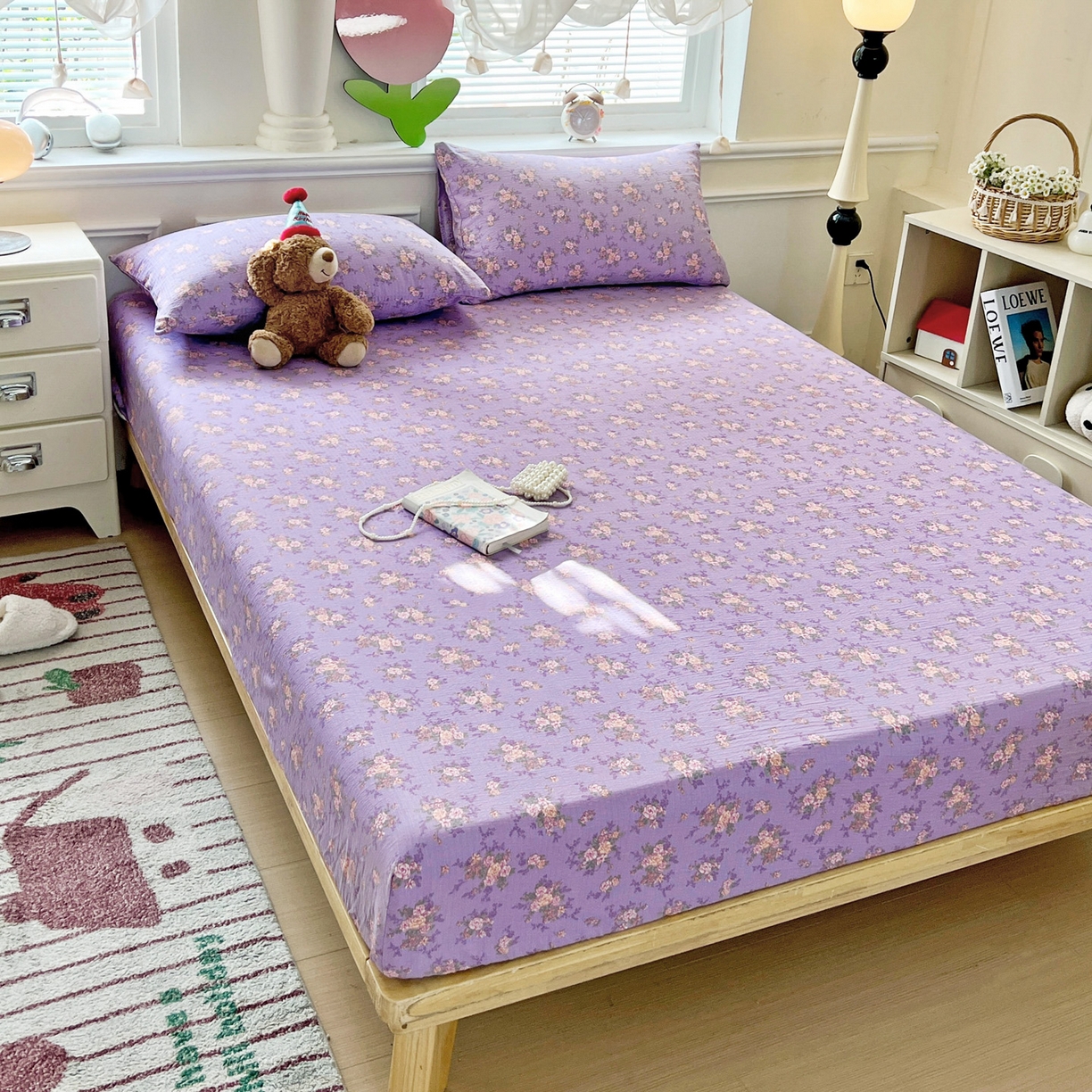 91家纺网 家纺一手货源 找家纺 优选良品 2025新款ins小清新木棉双层纱印花床笠床垫保护罩枕套三件套 花汀