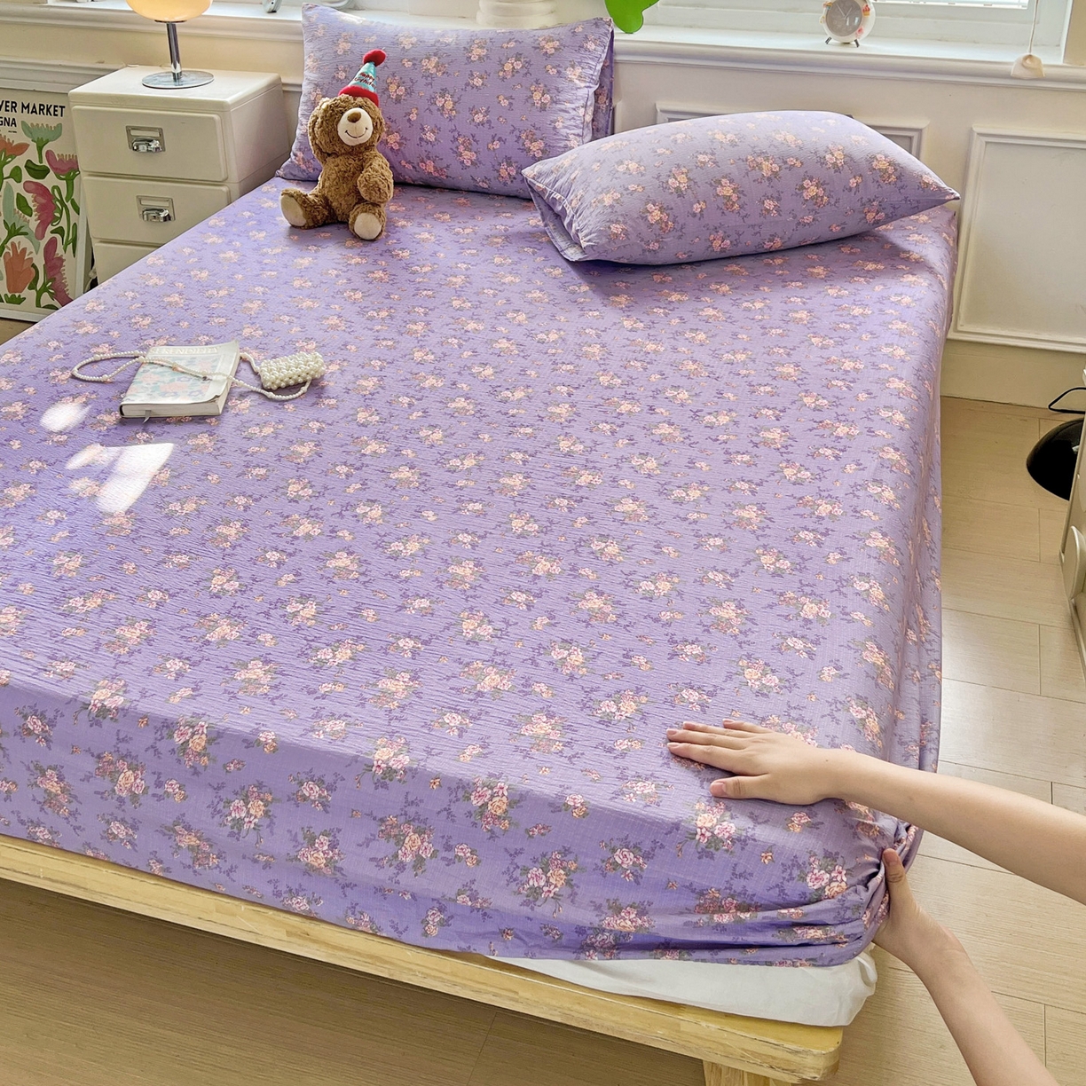 91家纺网 家纺一手货源 找家纺 优选良品 2025新款ins小清新木棉双层纱印花床笠床垫保护罩枕套三件套 花汀