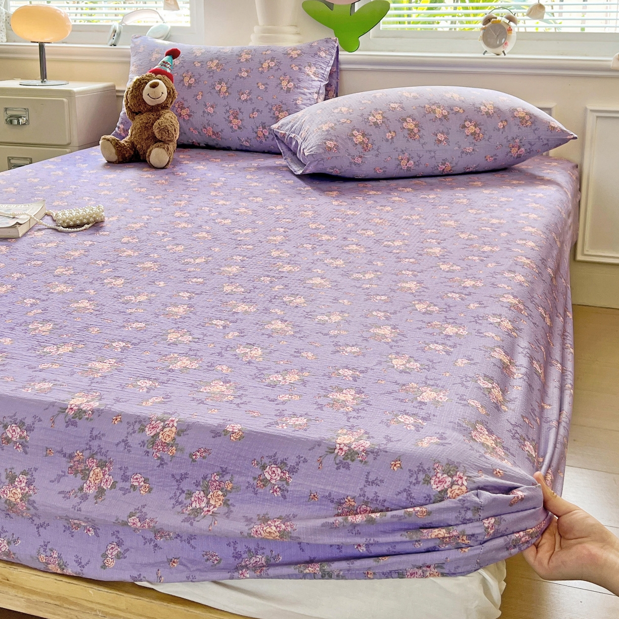 91家纺网 家纺一手货源 找家纺 优选良品 2025新款ins小清新木棉双层纱印花床笠床垫保护罩枕套三件套 花汀