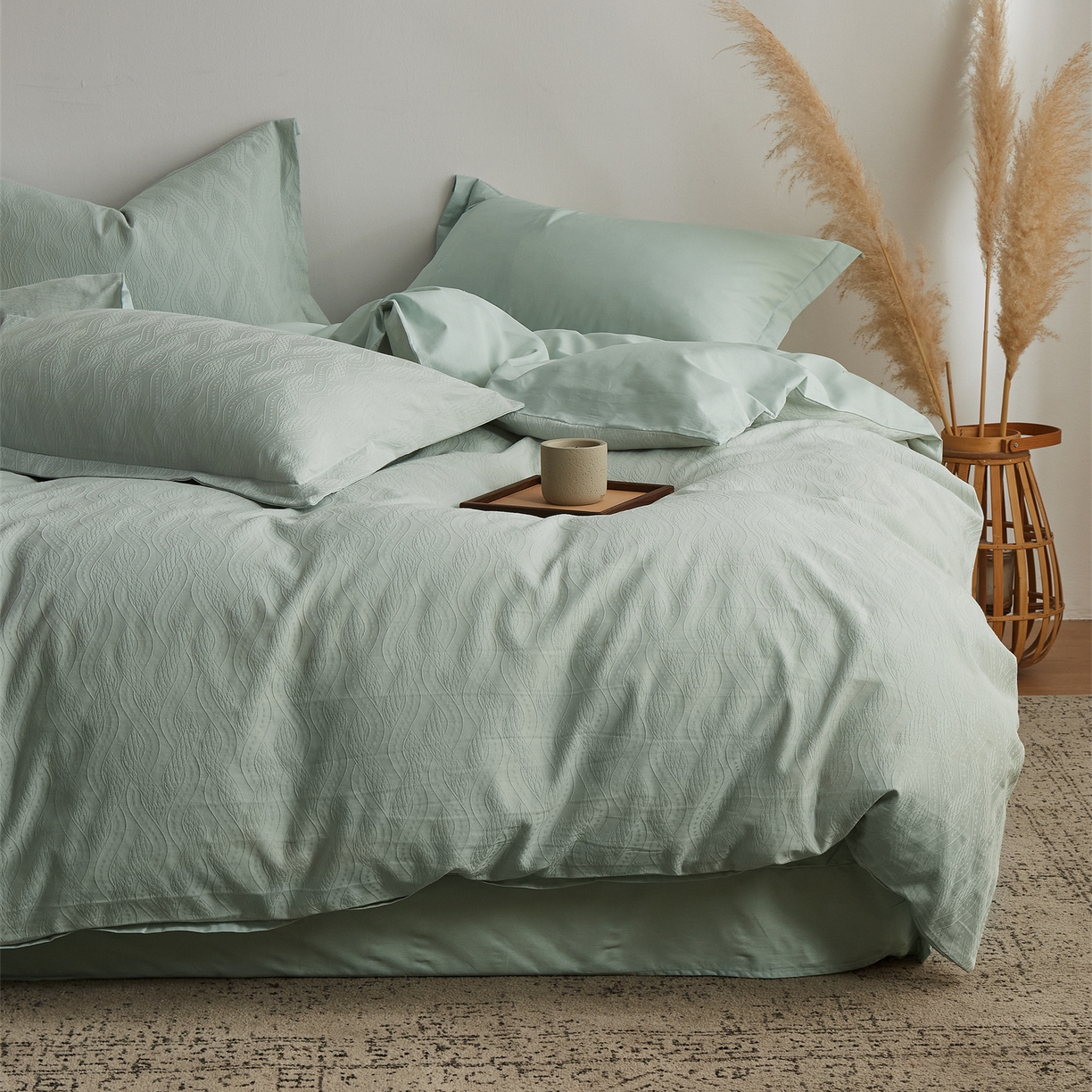 91家纺网 家纺一手货源 找家纺 顾家家居 2026新款AB面全棉厚织提花四件套 素简-明绿