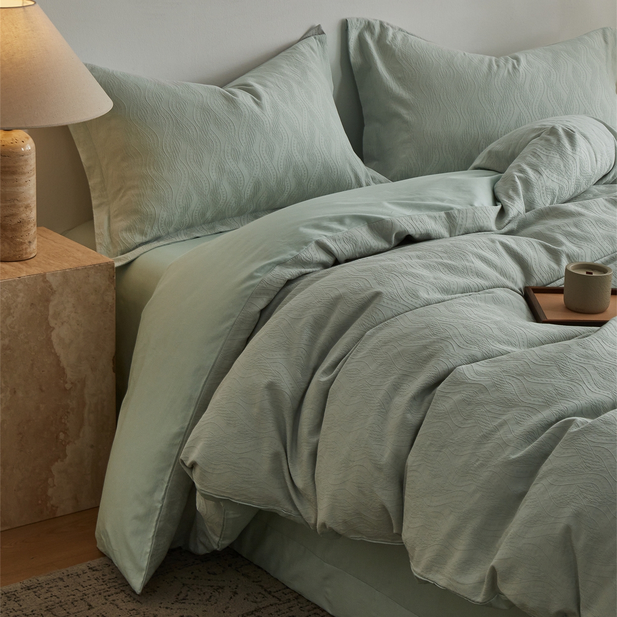 91家纺网 家纺一手货源 找家纺 顾家家居 2026新款AB面全棉厚织提花四件套 素简-明绿