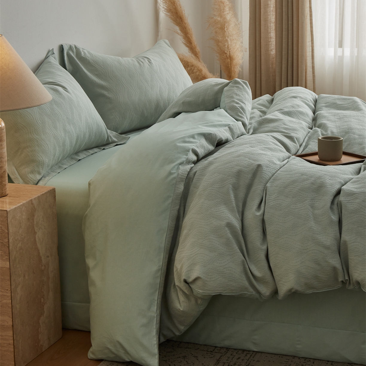 91家纺网 家纺一手货源 找家纺 顾家家居 2026新款AB面全棉厚织提花四件套 素简-明绿