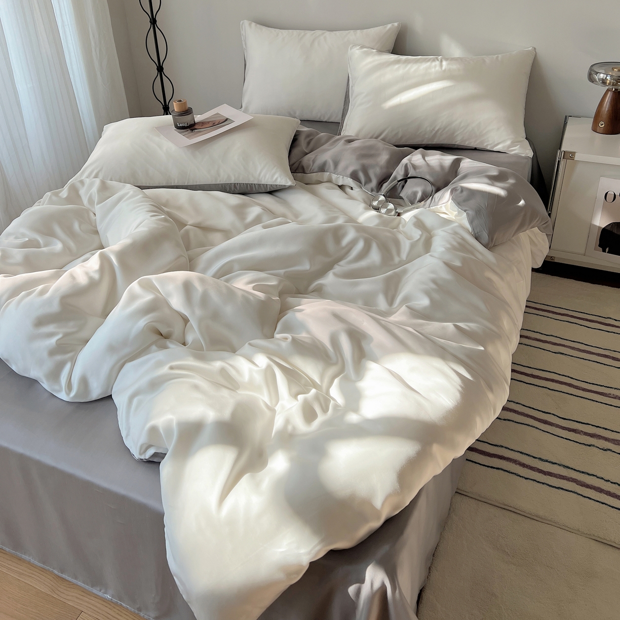 91家纺网 家纺一手货源 找家纺 （总）悦织湾家纺 2026新款亲肤舒适冰丝四件套夏秋季凉爽透气纯色双拼床上用品学生宿舍单双人三四件套