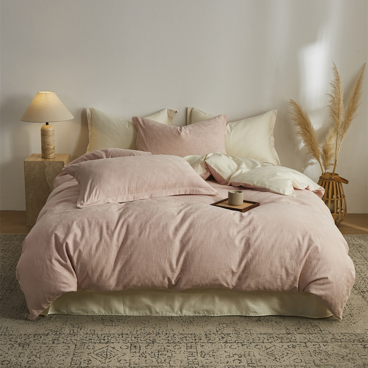 顾家家居 2026新款AB面全棉厚织提花四件套 郁蝶-绯粉