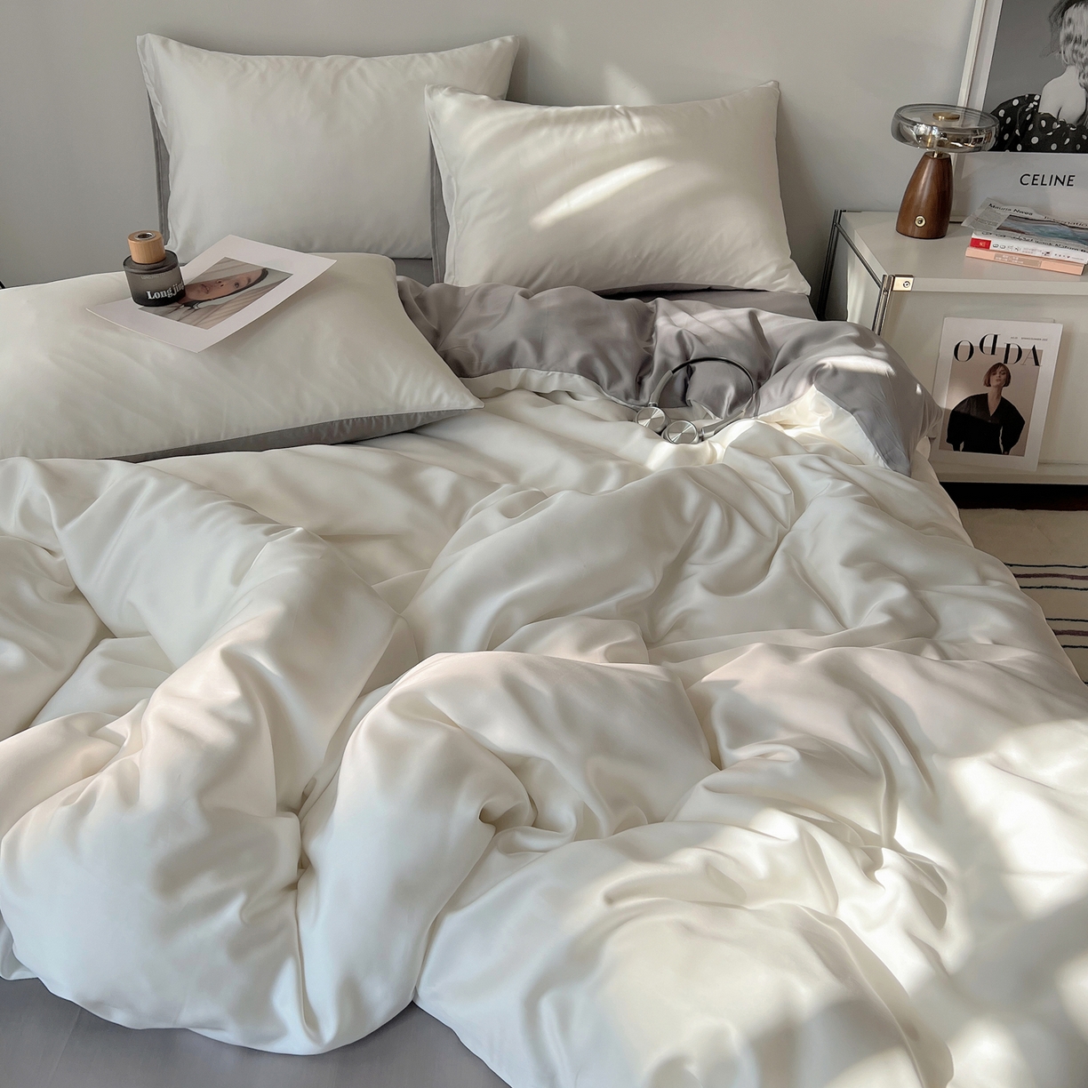 91家纺网 家纺一手货源 找家纺 （总）悦织湾家纺 2026新款亲肤舒适冰丝四件套夏秋季凉爽透气纯色双拼床上用品学生宿舍单双人三四件套