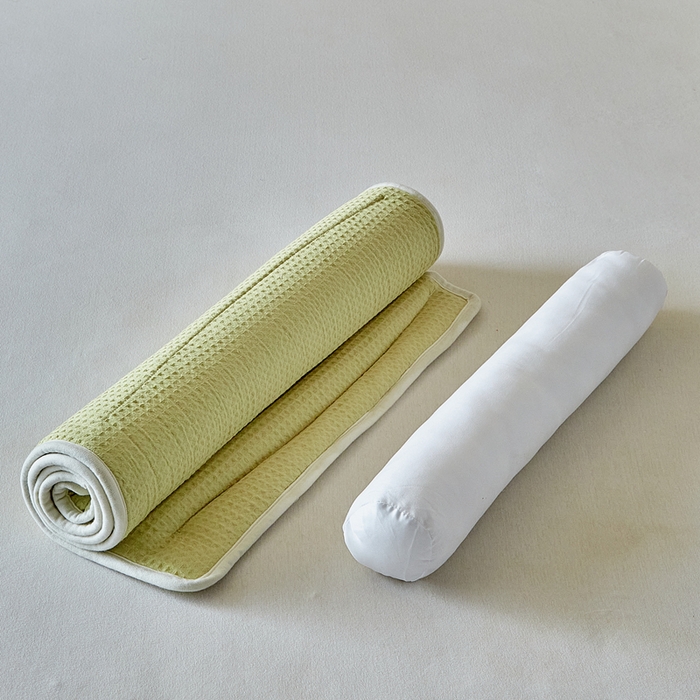 91家纺网 家纺一手货源 找家纺 梵希良品家纺 2026新款毛巾枕头枕芯护颈椎助睡眠反弓便携折叠高低度可调节牵引圆柱睡觉专用 果绿-荞麦款