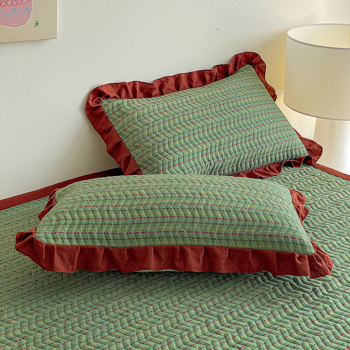 91家纺网 家纺一手货源 找家纺 纽缦家纺 2026春夏新款云感提花双层纱夹棉床垫 六子棋绿