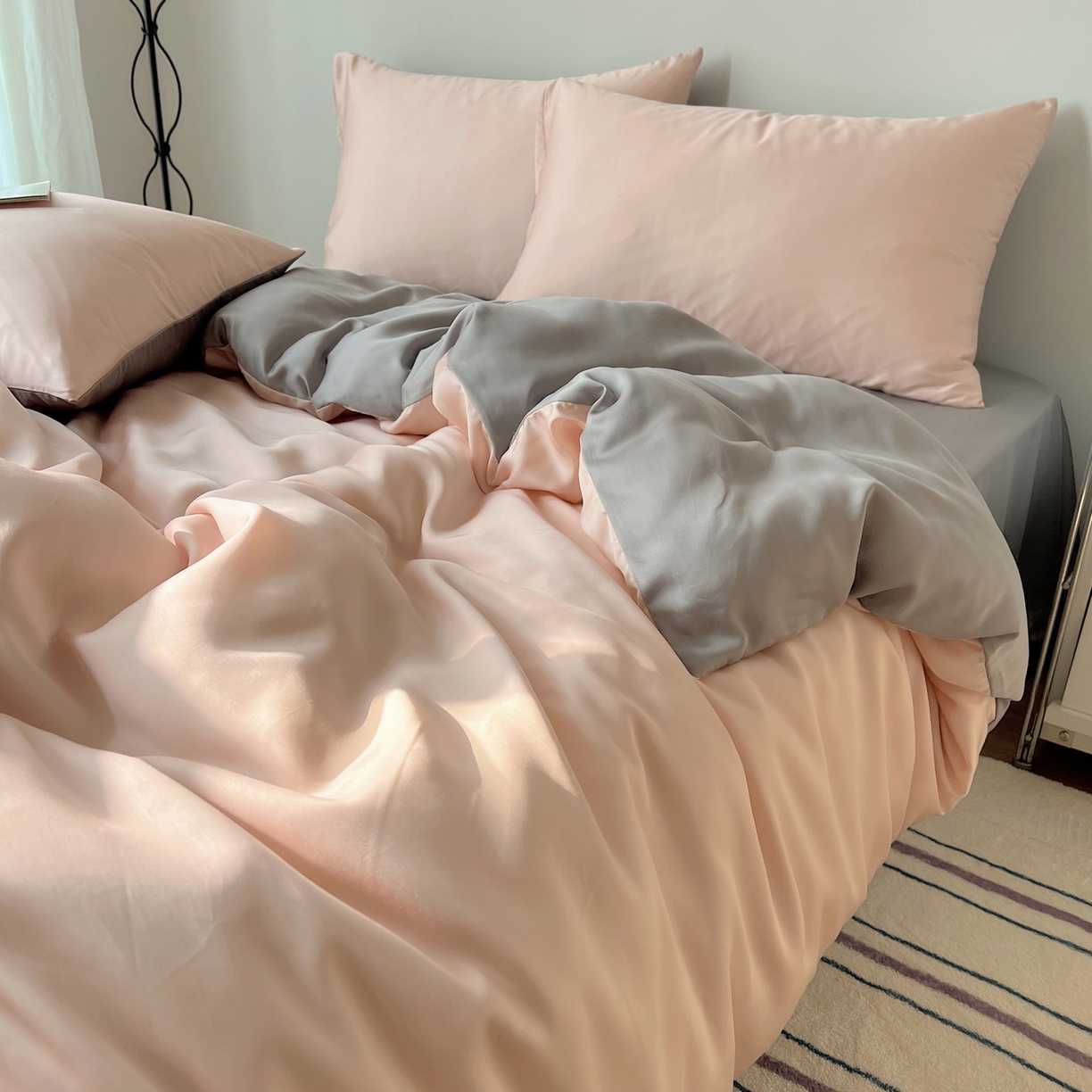 91家纺网 家纺一手货源 找家纺 （总）悦织湾家纺 2026新款亲肤舒适冰丝四件套夏秋季凉爽透气纯色双拼床上用品学生宿舍单双人三四件套