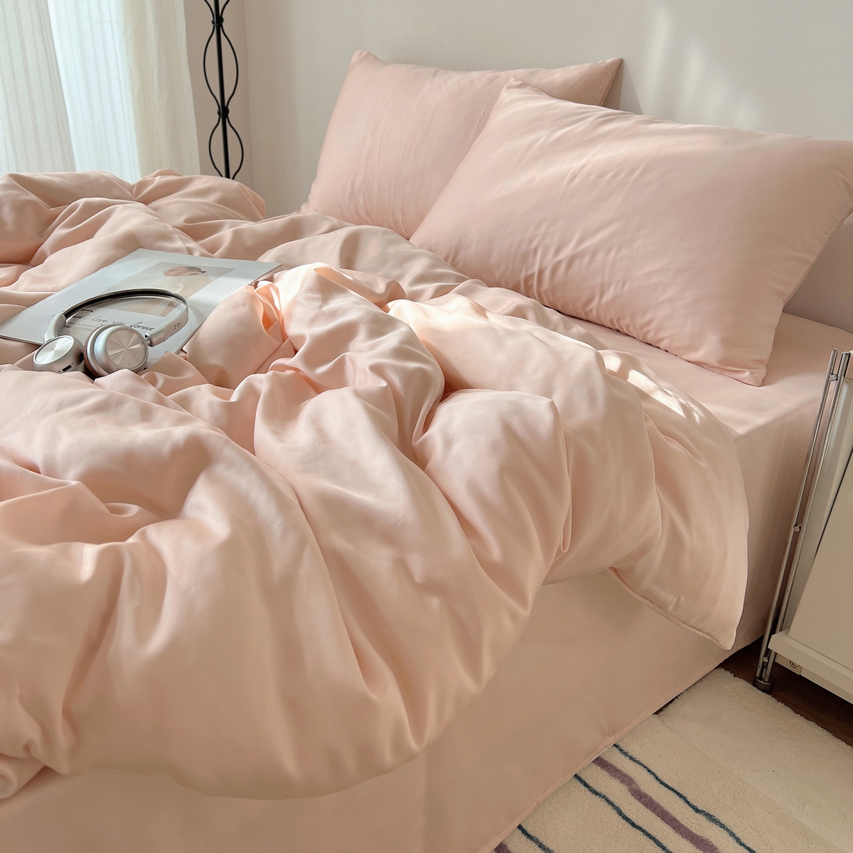 91家纺网 家纺一手货源 找家纺 （总）悦织湾家纺 2026新款亲肤舒适冰丝四件套夏秋季凉爽透气纯色双拼床上用品学生宿舍单双人三四件套