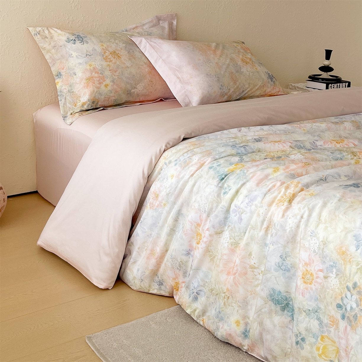 91家纺网 家纺一手货源 找家纺 鼎飞家纺 2026新款100S长绒棉数码印花四件套-春日序 春日序-粉