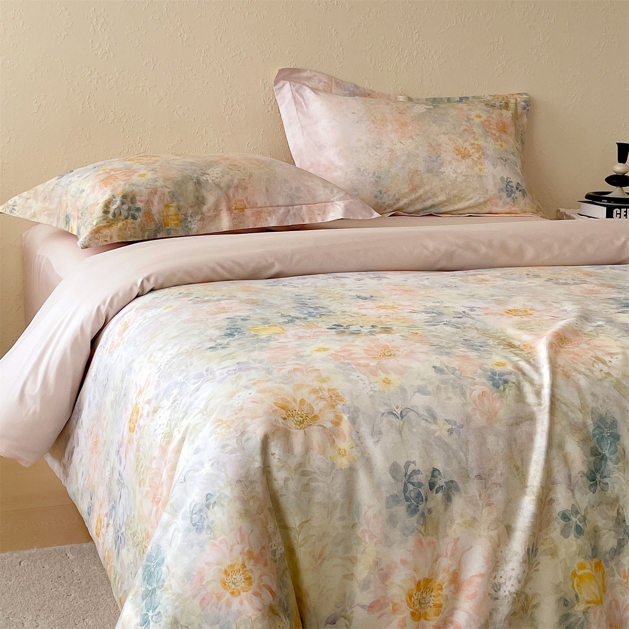 91家纺网 家纺一手货源 找家纺 鼎飞家纺 2026新款100S长绒棉数码印花四件套-春日序 春日序-粉