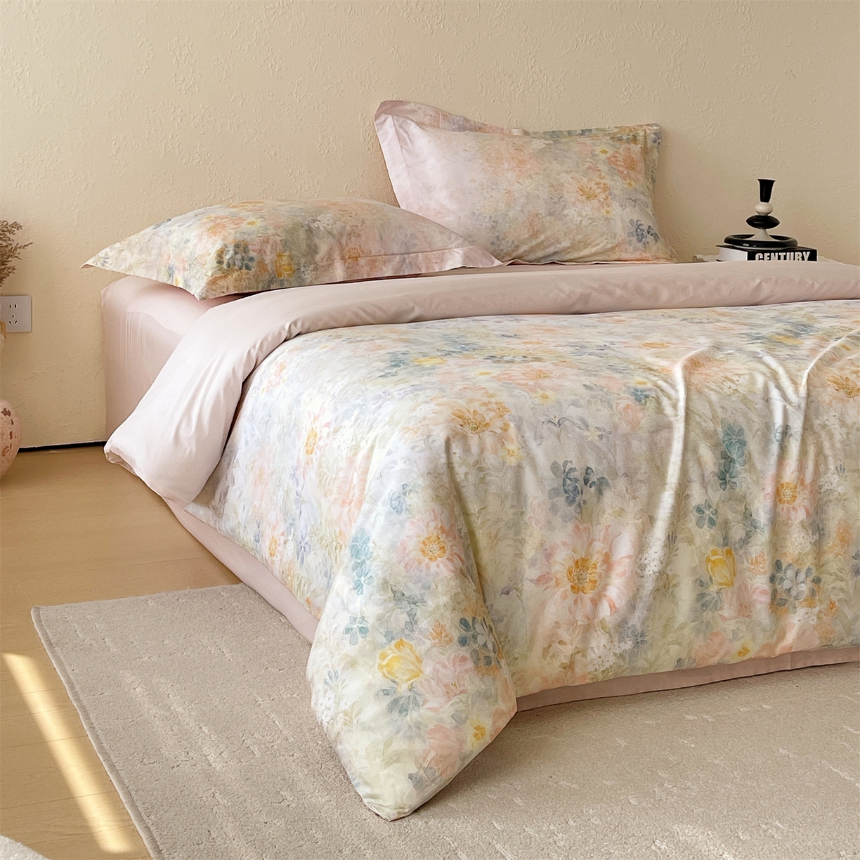 91家纺网 家纺一手货源 找家纺 鼎飞家纺 2026新款100S长绒棉数码印花四件套-春日序 春日序-粉