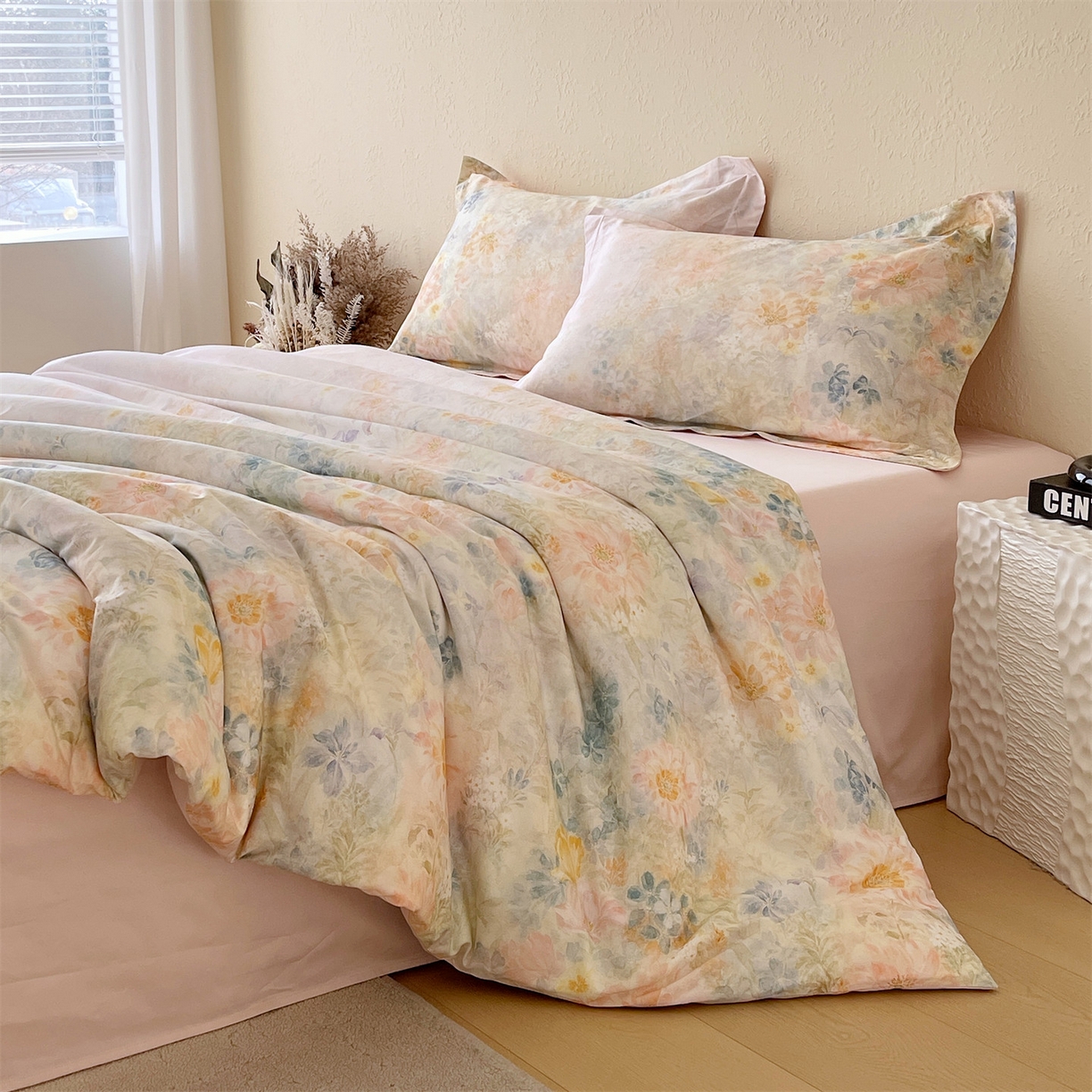 91家纺网 家纺一手货源 找家纺 鼎飞家纺 2026新款100S长绒棉数码印花四件套-春日序 春日序-粉