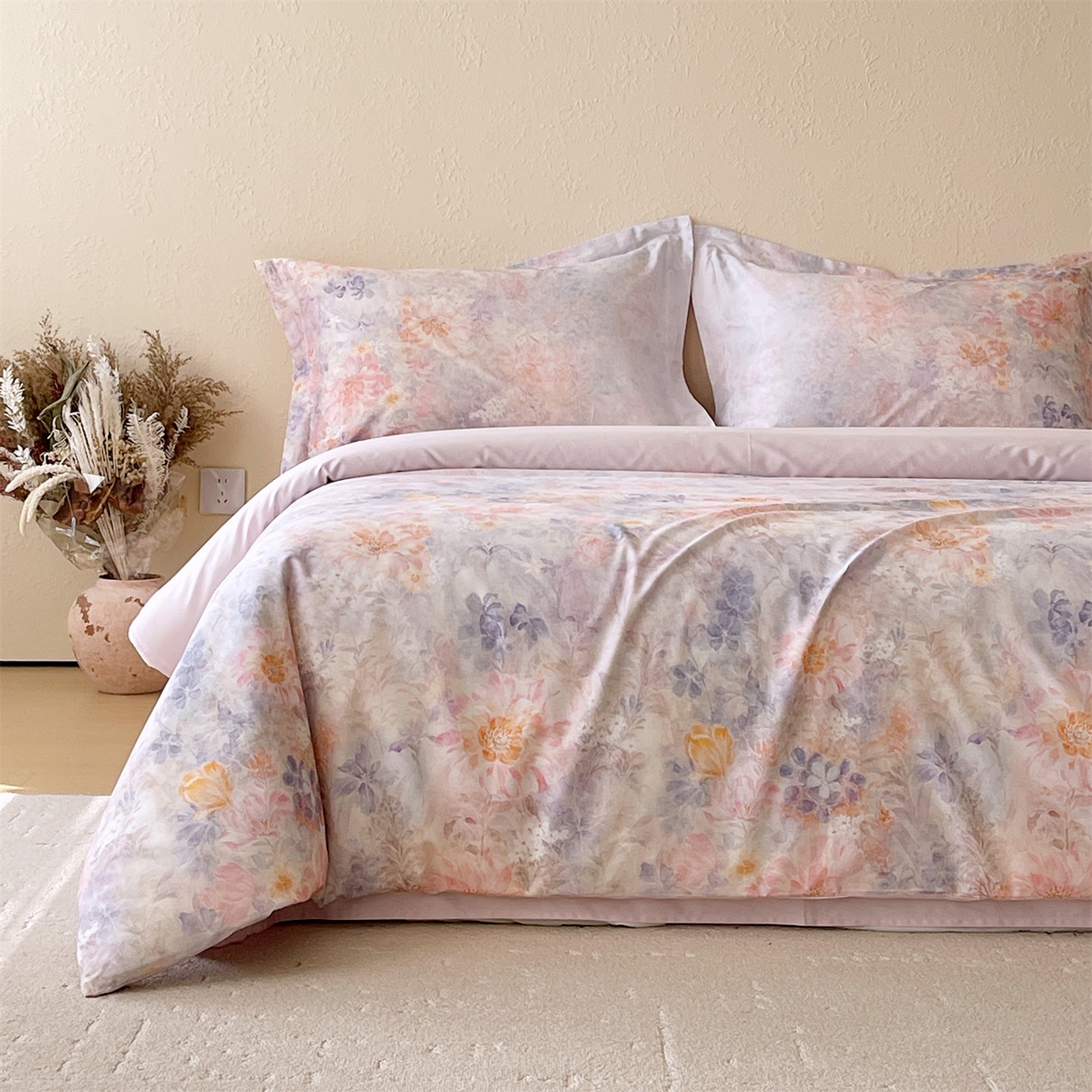 91家纺网 家纺一手货源 找家纺 鼎飞家纺 2026新款100S长绒棉数码印花四件套-春日序 春日序-紫