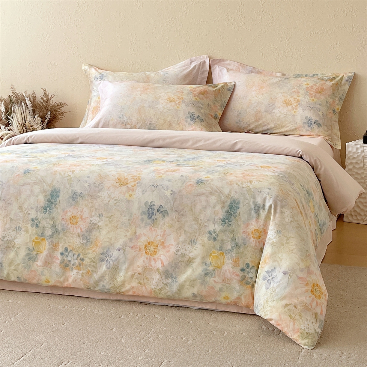 91家纺网 家纺一手货源 找家纺 鼎飞家纺 2026新款100S长绒棉数码印花四件套-春日序 春日序-粉