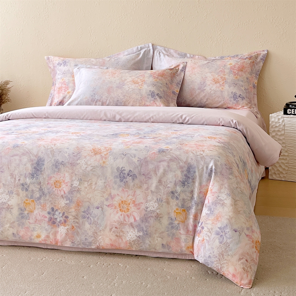 91家纺网 家纺一手货源 找家纺 鼎飞家纺 2026新款100S长绒棉数码印花四件套-春日序 春日序-紫