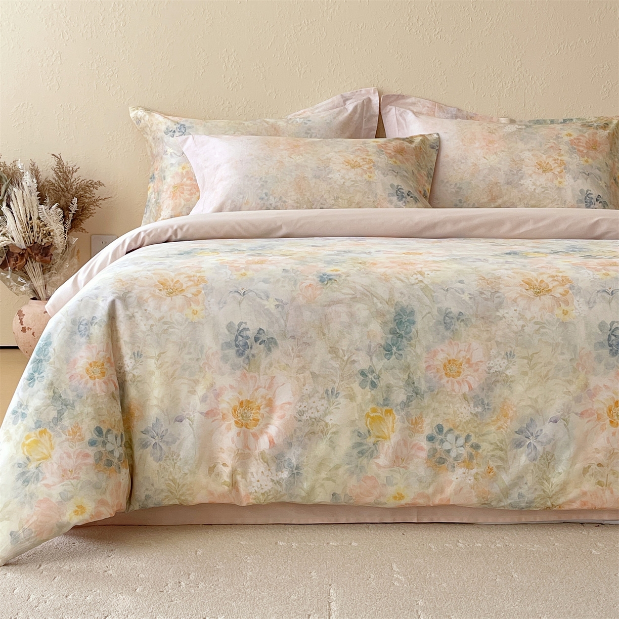 91家纺网 家纺一手货源 找家纺 鼎飞家纺 2026新款100S长绒棉数码印花四件套-春日序 春日序-粉