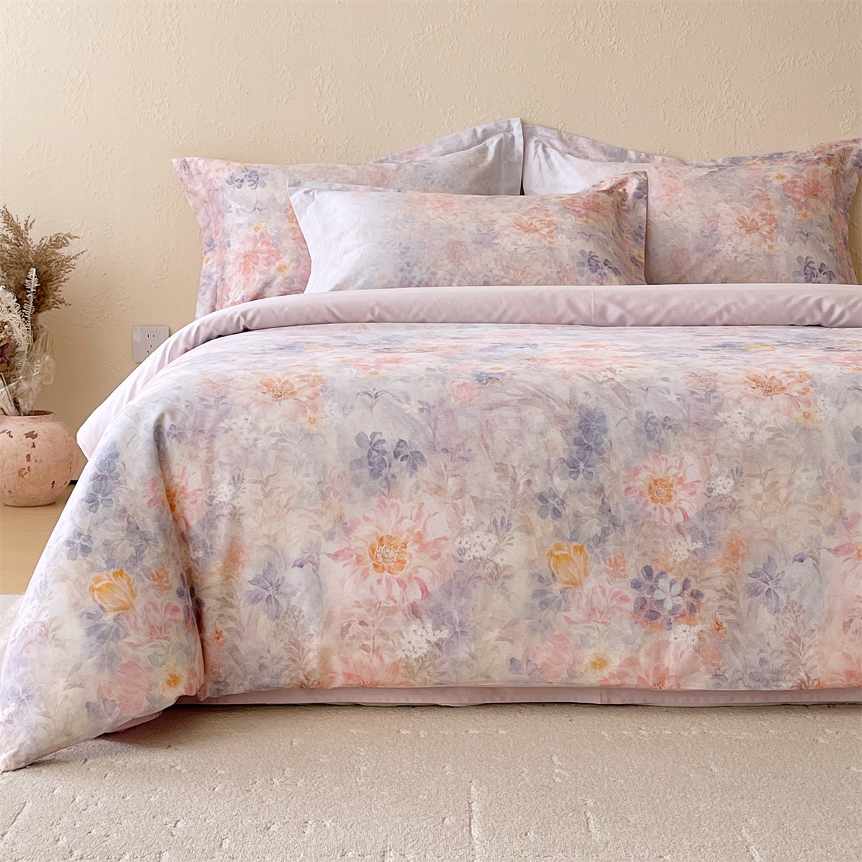 91家纺网 家纺一手货源 找家纺 鼎飞家纺 2026新款100S长绒棉数码印花四件套-春日序 春日序-紫