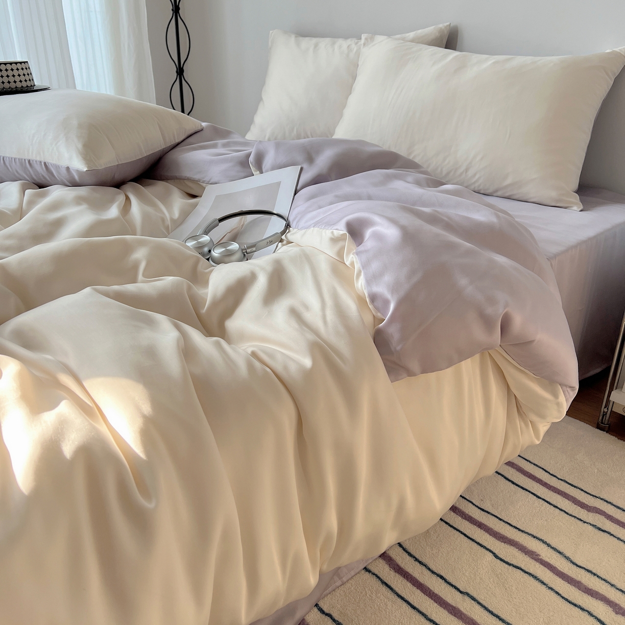 91家纺网 家纺一手货源 找家纺 （总）悦织湾家纺 2026新款亲肤舒适冰丝四件套夏秋季凉爽透气纯色双拼床上用品学生宿舍单双人三四件套