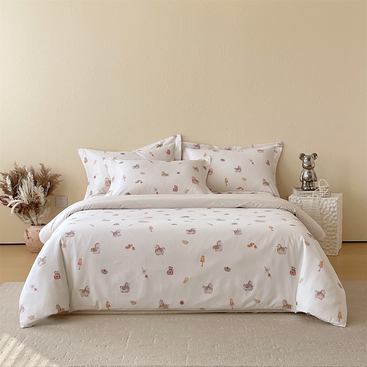 鼎飞家纺 2026新款100S长绒棉数码印花四件套-马承金福 马承金福-玉白