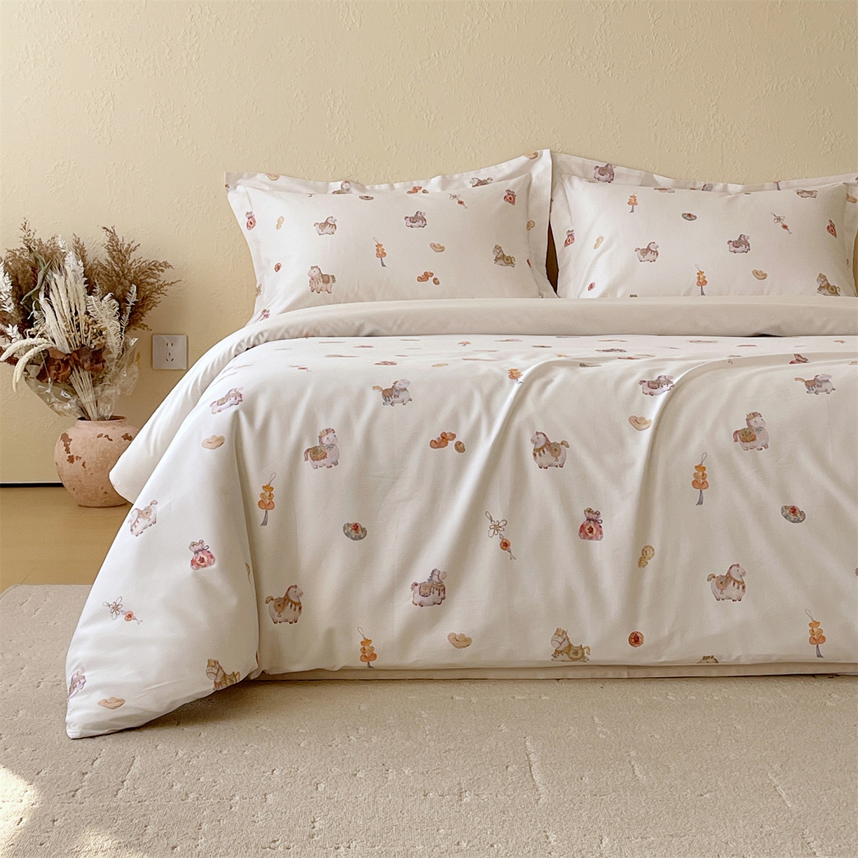 91家纺网 家纺一手货源 找家纺 鼎飞家纺 2026新款100S长绒棉数码印花四件套-马承金福 马承金福-玉白