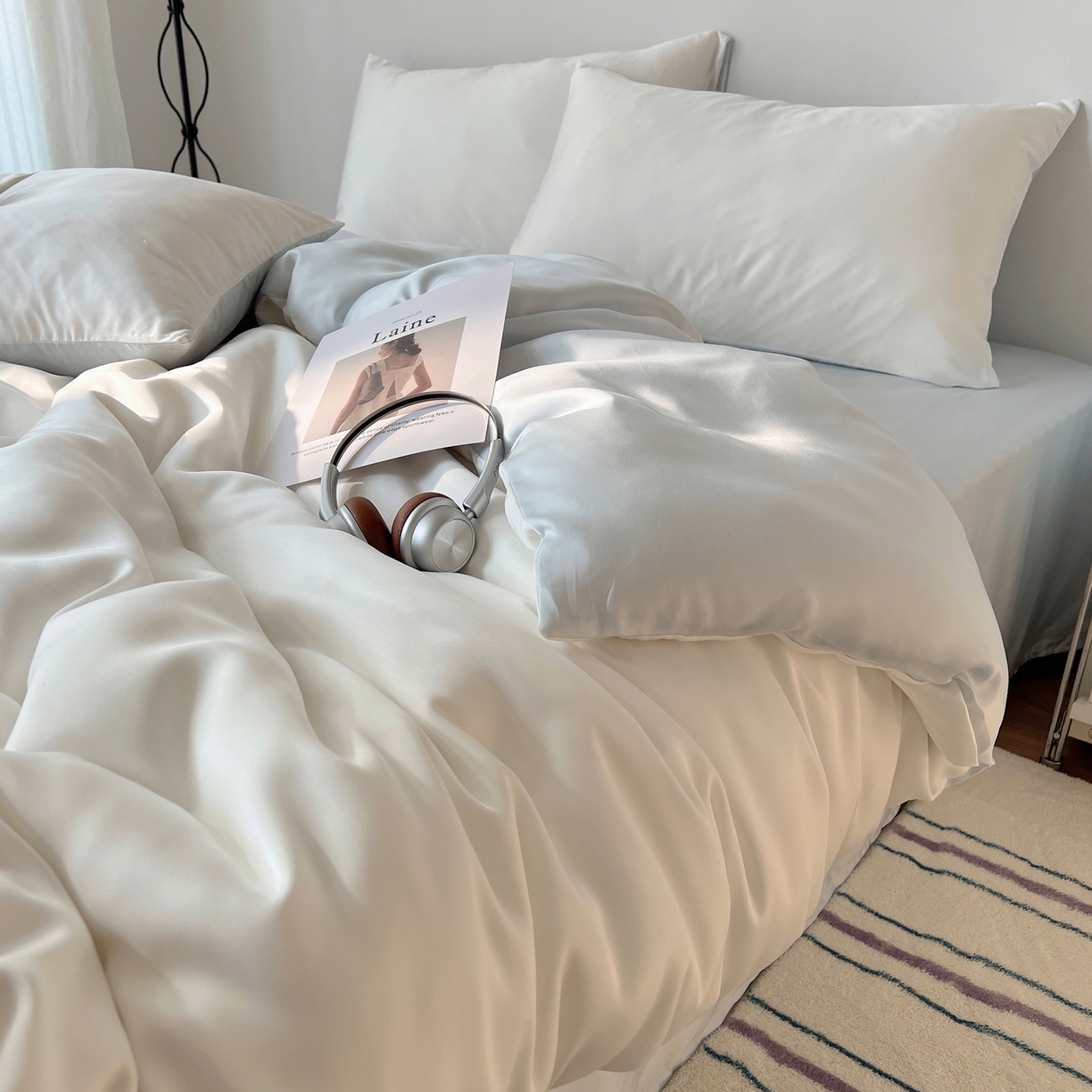 91家纺网 家纺一手货源 找家纺 （总）悦织湾家纺 2026新款亲肤舒适冰丝四件套夏秋季凉爽透气纯色双拼床上用品学生宿舍单双人三四件套