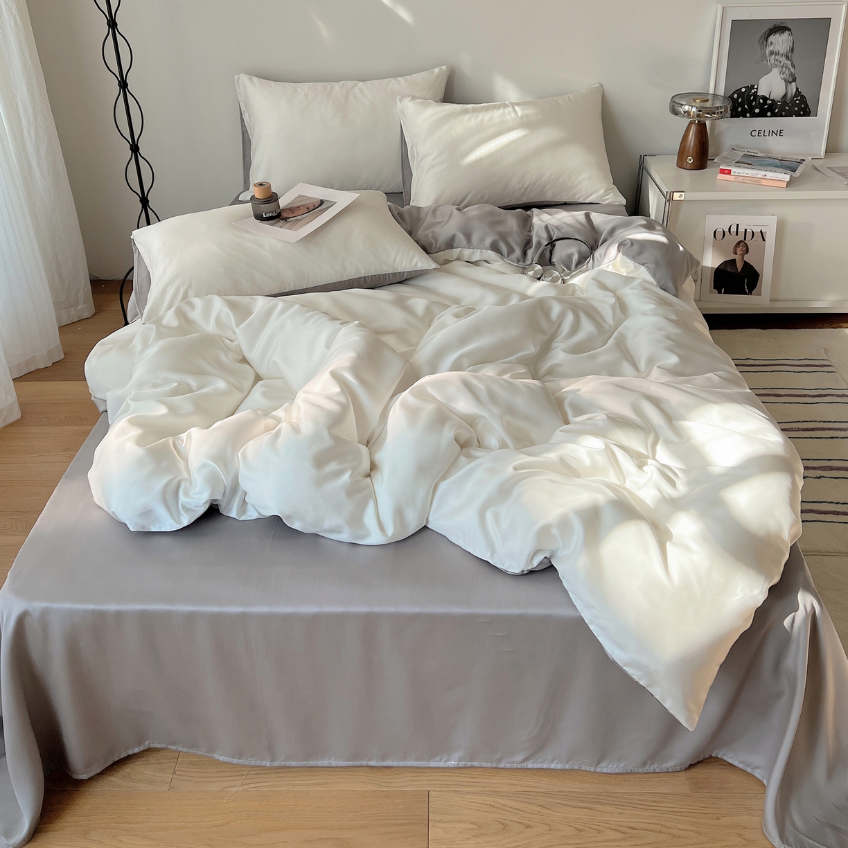 91家纺网 家纺一手货源 找家纺 悦织湾家纺 2026新款亲肤舒适冰丝四件套夏秋季凉爽透气纯色双拼床上用品学生宿舍单双人三四件套 白+银灰