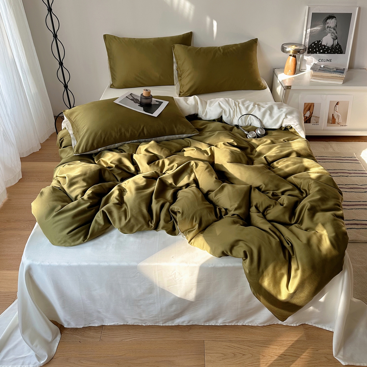 91家纺网 家纺一手货源 找家纺 悦织湾家纺 2026新款亲肤舒适冰丝四件套夏秋季凉爽透气纯色双拼床上用品学生宿舍单双人三四件套 橄榄绿+米白