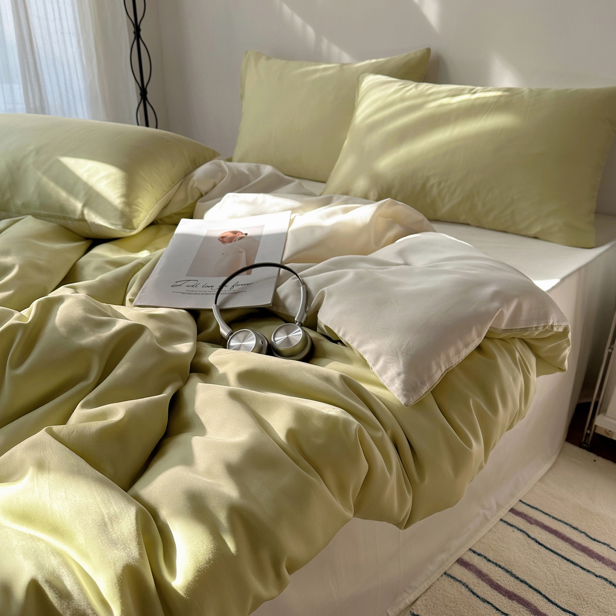 悦织湾家纺 2026新款亲肤舒适冰丝四件套夏秋季凉爽透气纯色双拼床上用品学生宿舍单双人三四件套 果绿芝士