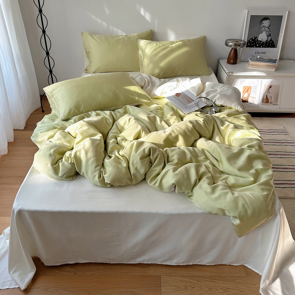 91家纺网 家纺一手货源 找家纺 悦织湾家纺 2026新款亲肤舒适冰丝四件套夏秋季凉爽透气纯色双拼床上用品学生宿舍单双人三四件套 果绿芝士