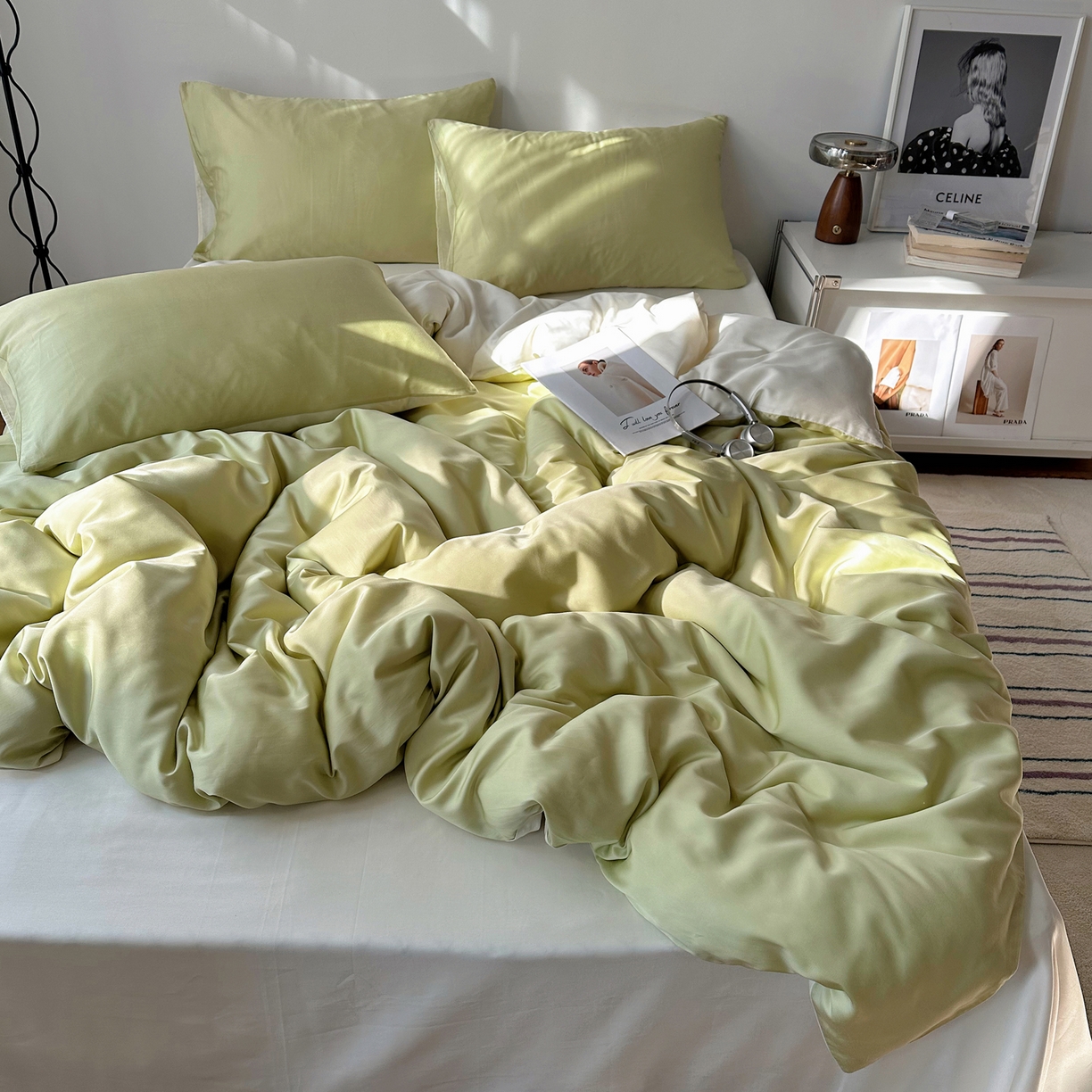 91家纺网 家纺一手货源 找家纺 悦织湾家纺 2026新款亲肤舒适冰丝四件套夏秋季凉爽透气纯色双拼床上用品学生宿舍单双人三四件套 果绿芝士