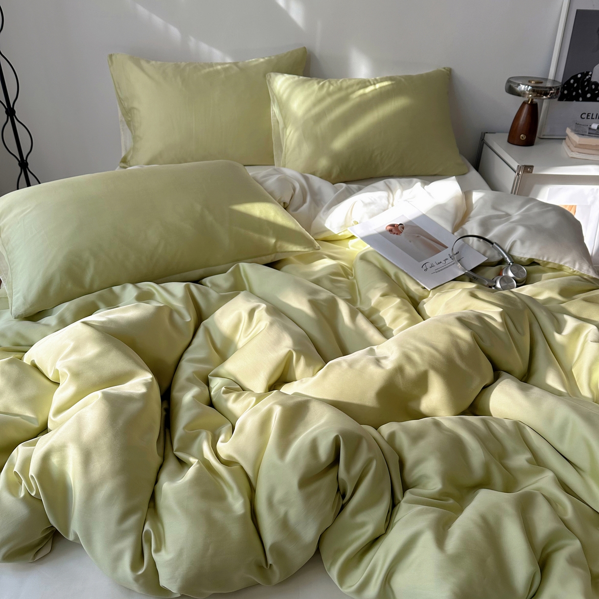 91家纺网 家纺一手货源 找家纺 悦织湾家纺 2026新款亲肤舒适冰丝四件套夏秋季凉爽透气纯色双拼床上用品学生宿舍单双人三四件套 果绿芝士