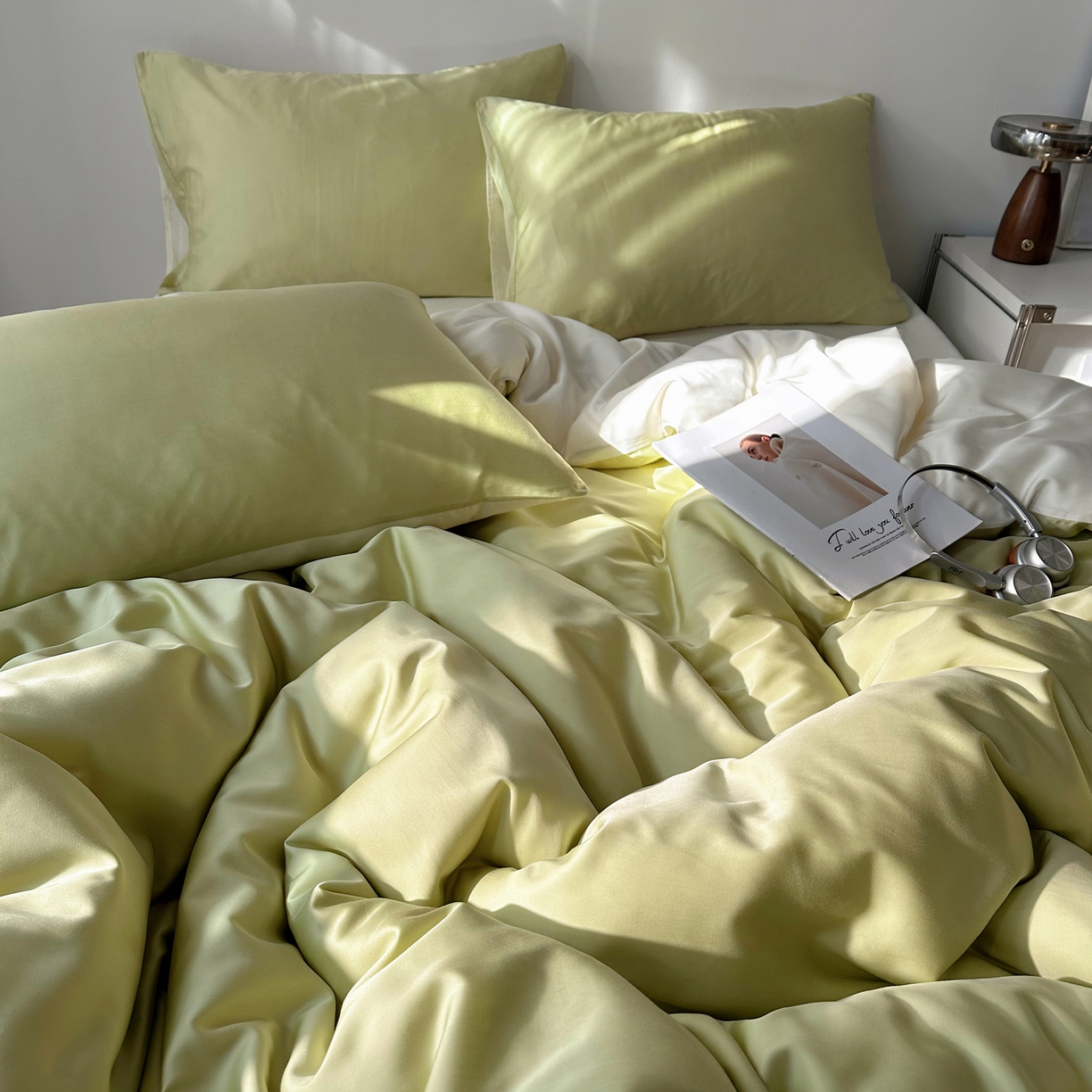 91家纺网 家纺一手货源 找家纺 悦织湾家纺 2026新款亲肤舒适冰丝四件套夏秋季凉爽透气纯色双拼床上用品学生宿舍单双人三四件套 果绿芝士