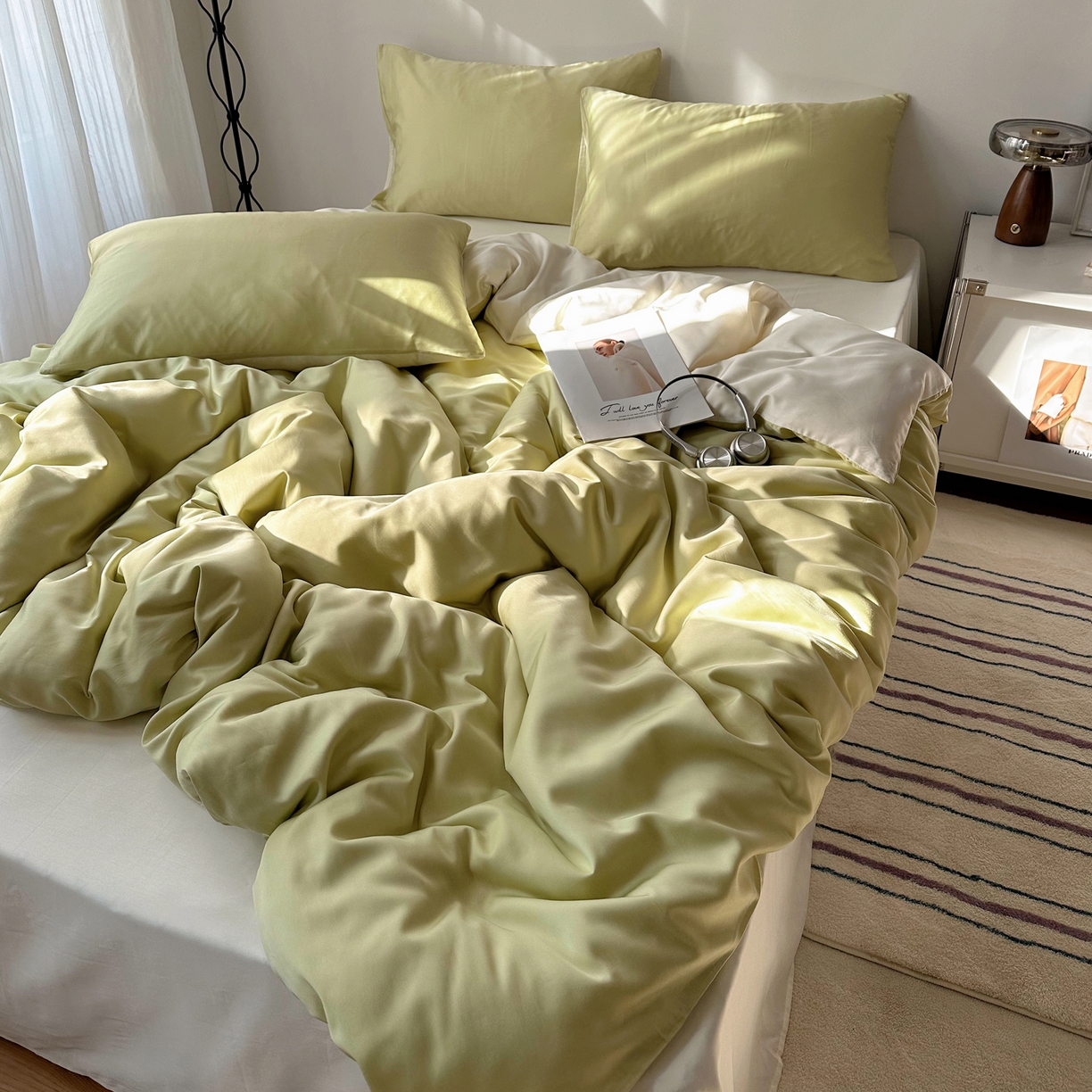 91家纺网 家纺一手货源 找家纺 悦织湾家纺 2026新款亲肤舒适冰丝四件套夏秋季凉爽透气纯色双拼床上用品学生宿舍单双人三四件套 果绿芝士