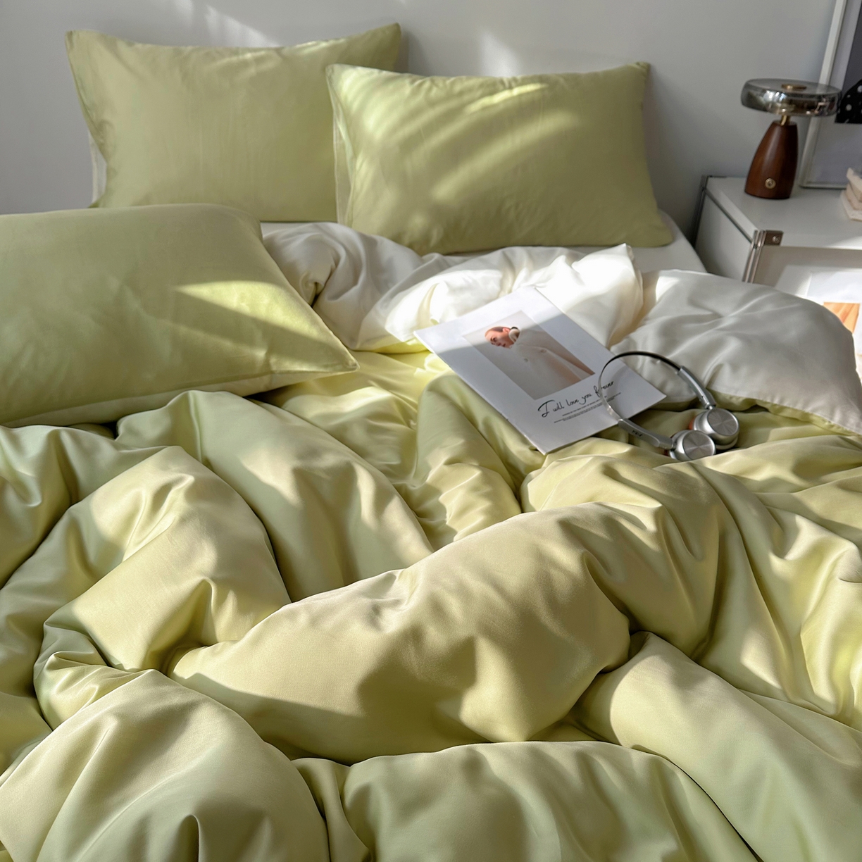 91家纺网 家纺一手货源 找家纺 悦织湾家纺 2026新款亲肤舒适冰丝四件套夏秋季凉爽透气纯色双拼床上用品学生宿舍单双人三四件套 果绿芝士