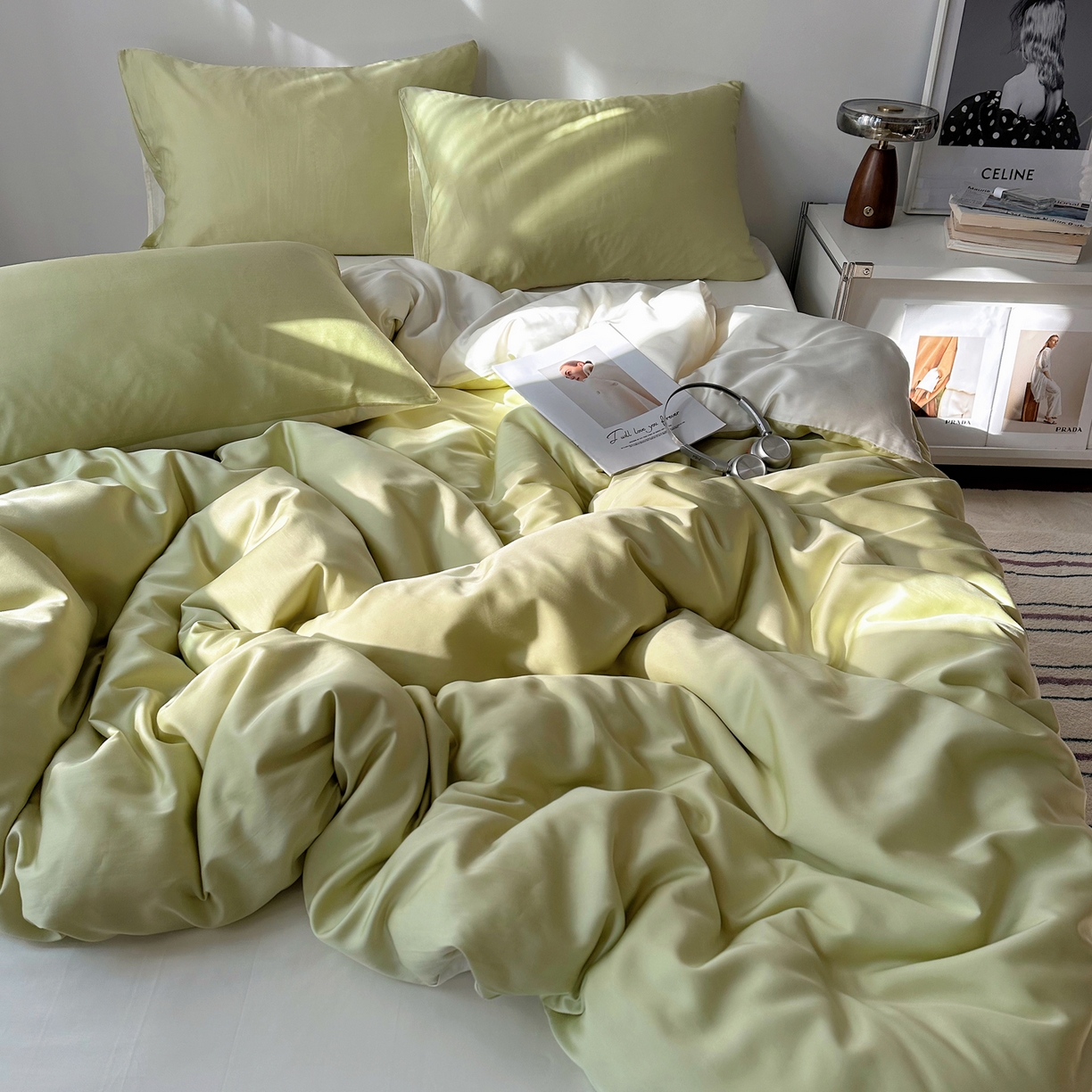 91家纺网 家纺一手货源 找家纺 悦织湾家纺 2026新款亲肤舒适冰丝四件套夏秋季凉爽透气纯色双拼床上用品学生宿舍单双人三四件套 果绿芝士