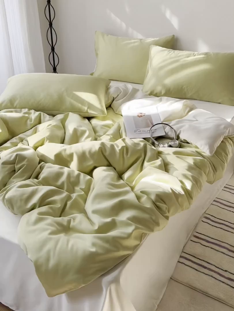 91家纺网 家纺一手货源 找家纺 悦织湾家纺 2026新款亲肤舒适冰丝四件套夏秋季凉爽透气纯色双拼床上用品学生宿舍单双人三四件套 果绿芝士