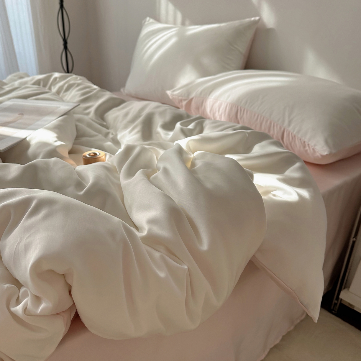 91家纺网 家纺一手货源 找家纺 悦织湾家纺 2026新款亲肤舒适冰丝四件套夏秋季凉爽透气纯色双拼床上用品学生宿舍单双人三四件套 极白挑粉