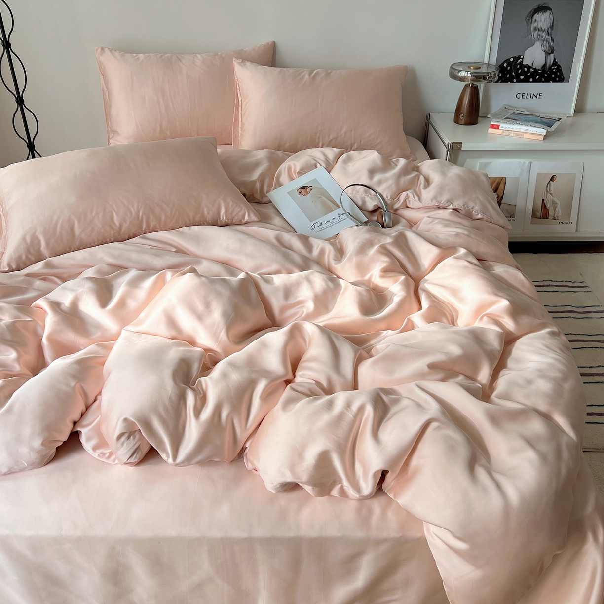 91家纺网 家纺一手货源 找家纺 悦织湾家纺 2026新款亲肤舒适冰丝四件套夏秋季凉爽透气纯色双拼床上用品学生宿舍单双人三四件套 可可粉调