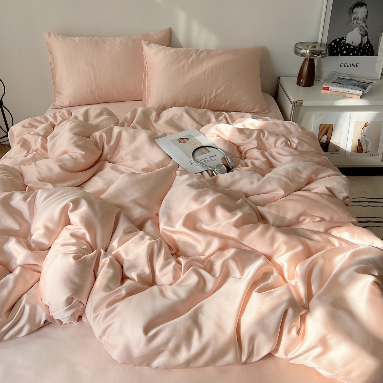 91家纺网 家纺一手货源 找家纺 悦织湾家纺 2026新款亲肤舒适冰丝四件套夏秋季凉爽透气纯色双拼床上用品学生宿舍单双人三四件套 可可粉调