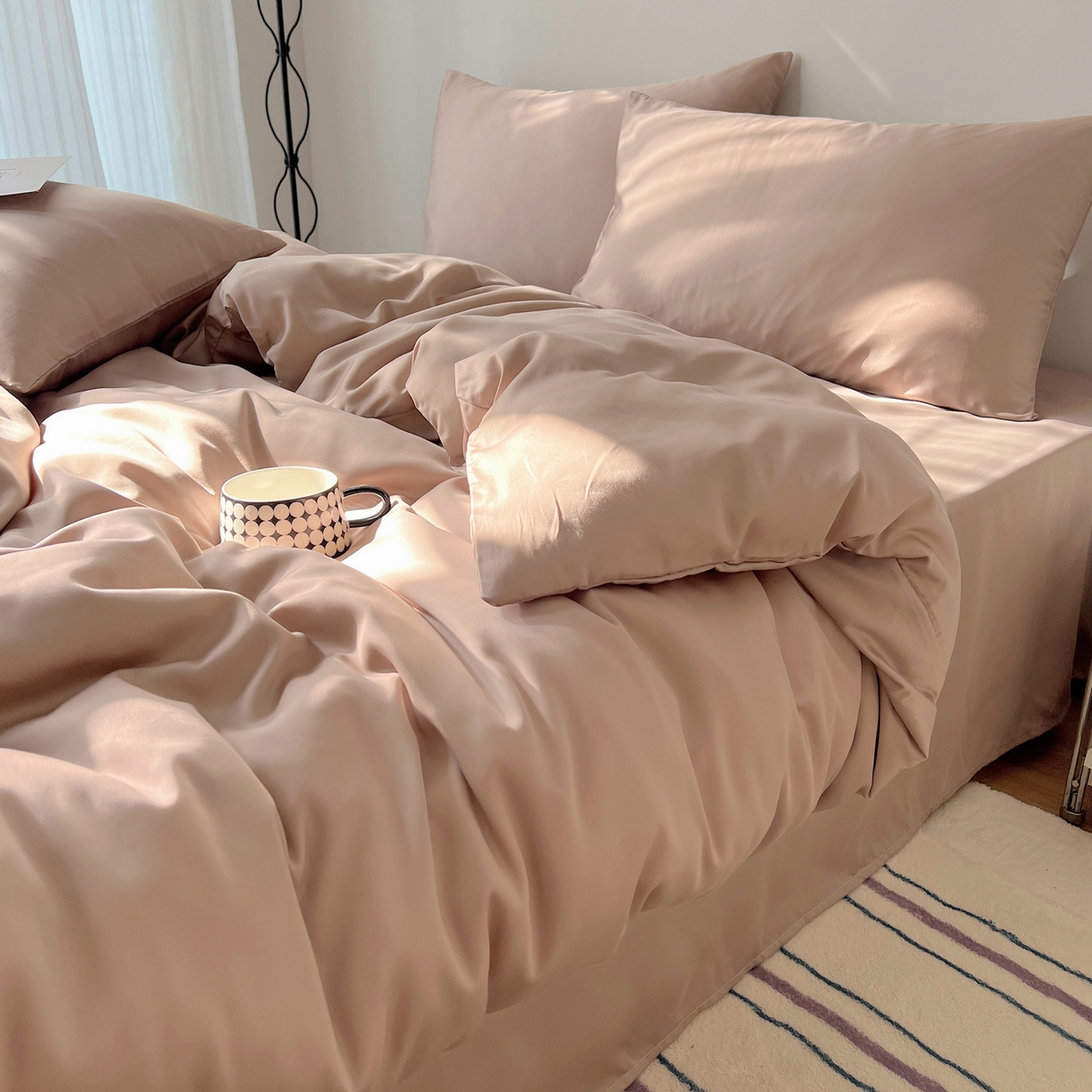 悦织湾家纺 2026新款亲肤舒适冰丝四件套夏秋季凉爽透气纯色双拼床上用品学生宿舍单双人三四件套 可可咖调