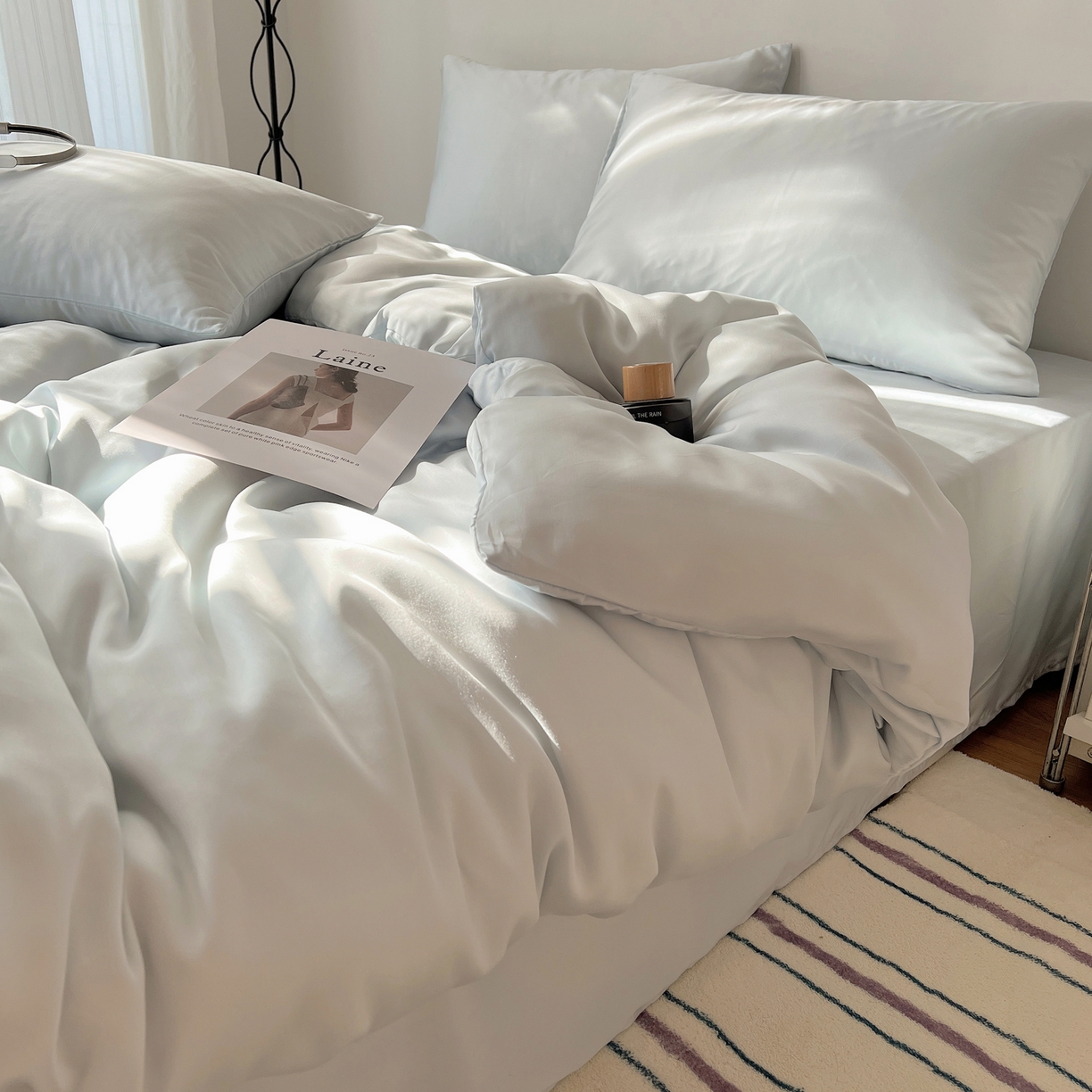 悦织湾家纺 2026新款亲肤舒适冰丝四件套夏秋季凉爽透气纯色双拼床上用品学生宿舍单双人三四件套 可可蓝调