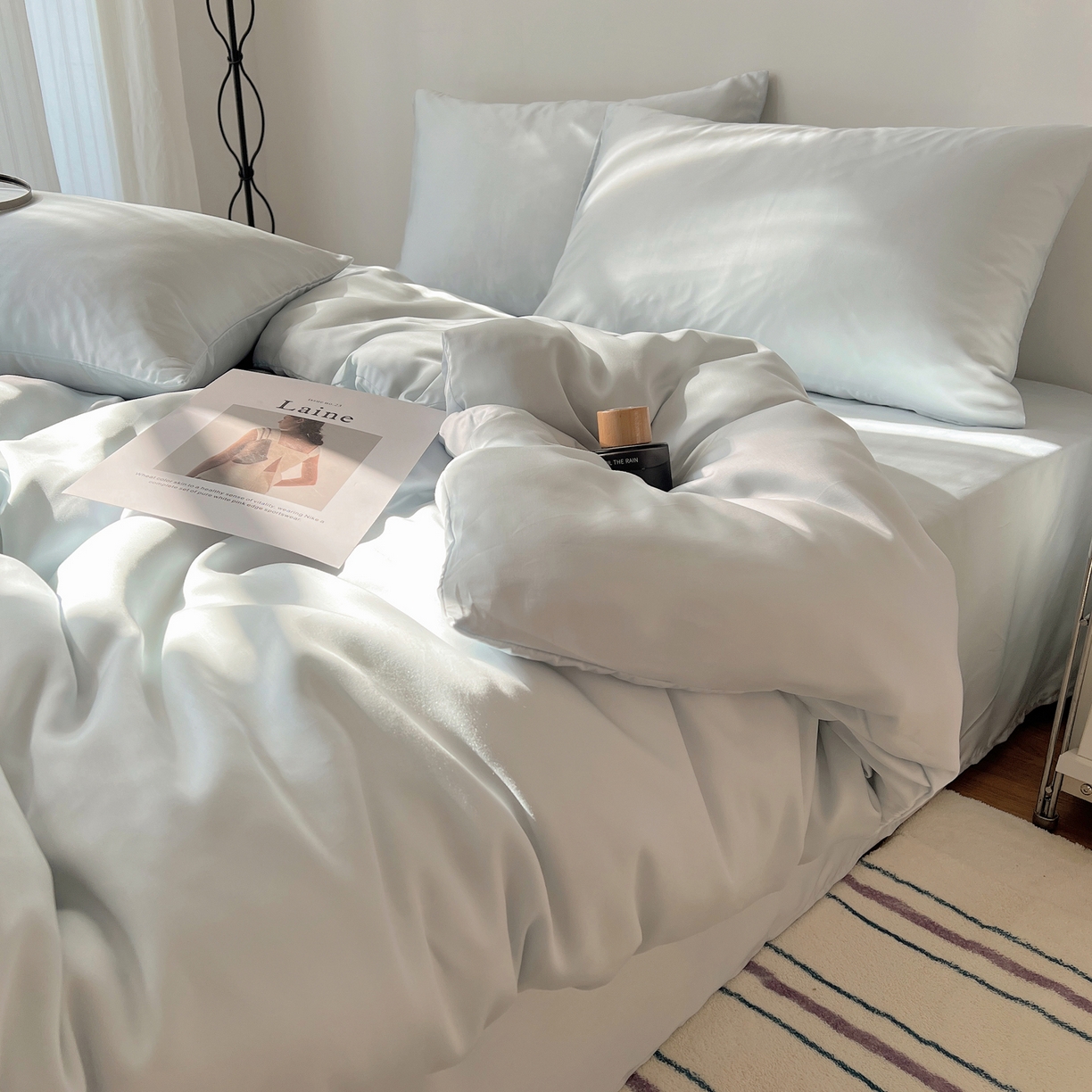 91家纺网 家纺一手货源 找家纺 悦织湾家纺 2026新款亲肤舒适冰丝四件套夏秋季凉爽透气纯色双拼床上用品学生宿舍单双人三四件套 可可蓝调