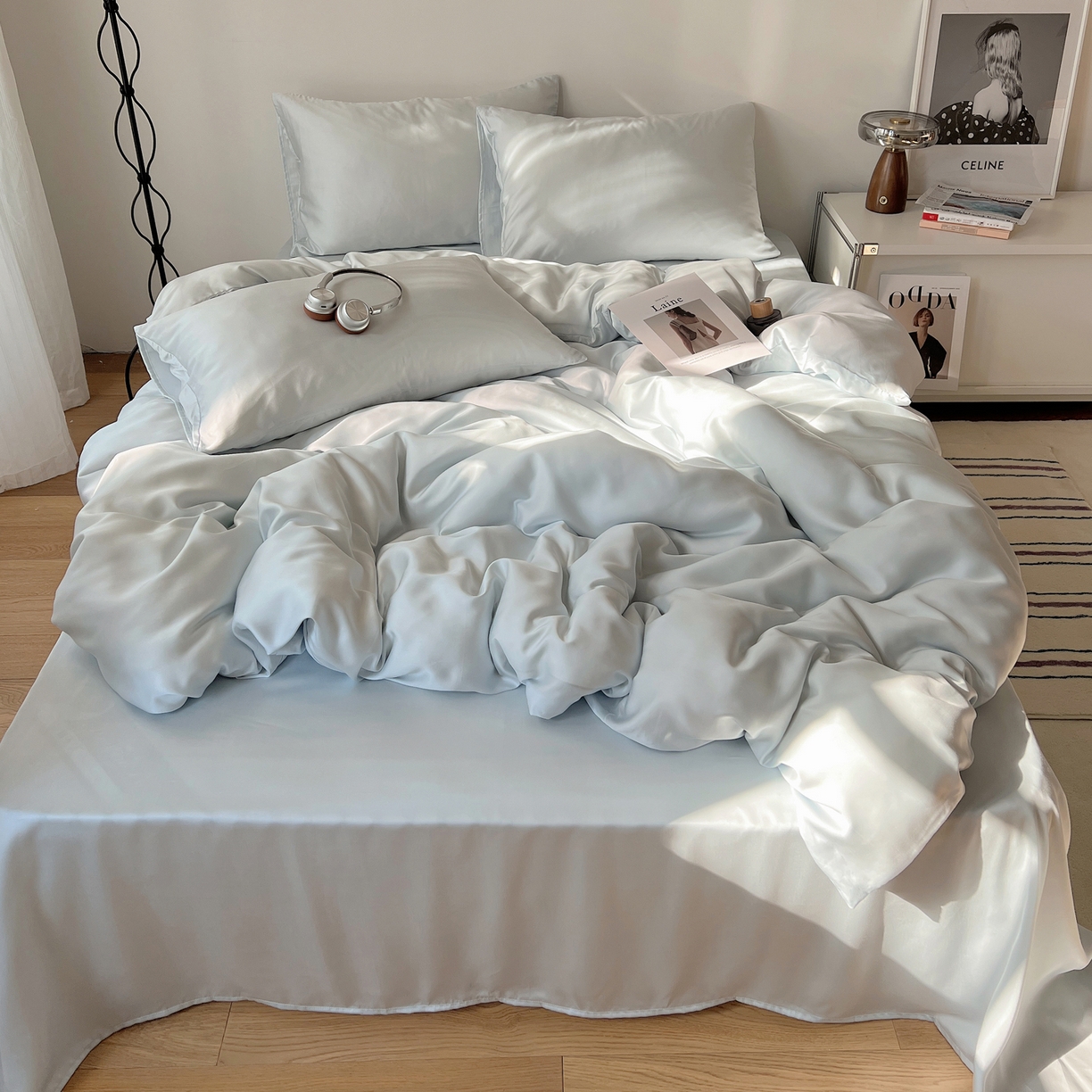 91家纺网 家纺一手货源 找家纺 悦织湾家纺 2026新款亲肤舒适冰丝四件套夏秋季凉爽透气纯色双拼床上用品学生宿舍单双人三四件套 可可蓝调