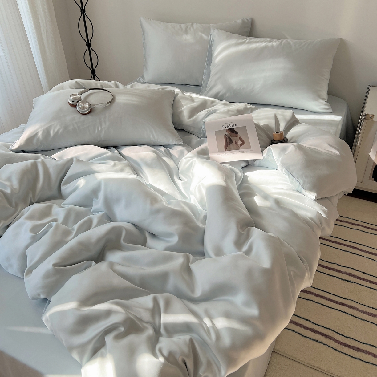 91家纺网 家纺一手货源 找家纺 悦织湾家纺 2026新款亲肤舒适冰丝四件套夏秋季凉爽透气纯色双拼床上用品学生宿舍单双人三四件套 可可蓝调