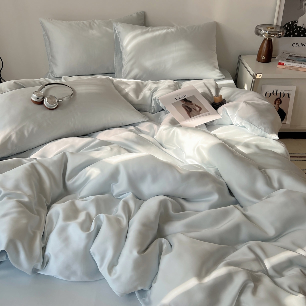 91家纺网 家纺一手货源 找家纺 悦织湾家纺 2026新款亲肤舒适冰丝四件套夏秋季凉爽透气纯色双拼床上用品学生宿舍单双人三四件套 可可蓝调