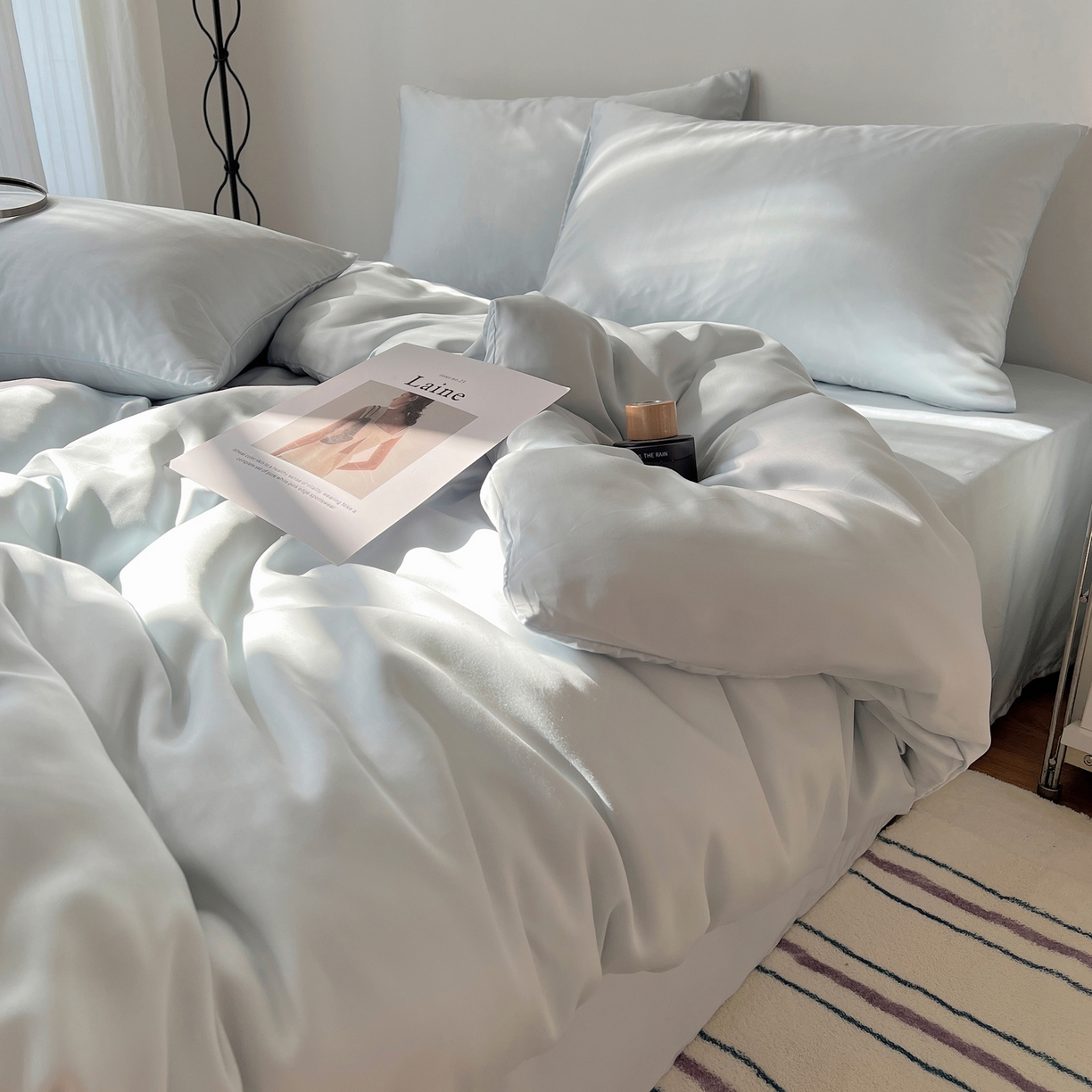 91家纺网 家纺一手货源 找家纺 悦织湾家纺 2026新款亲肤舒适冰丝四件套夏秋季凉爽透气纯色双拼床上用品学生宿舍单双人三四件套 可可蓝调