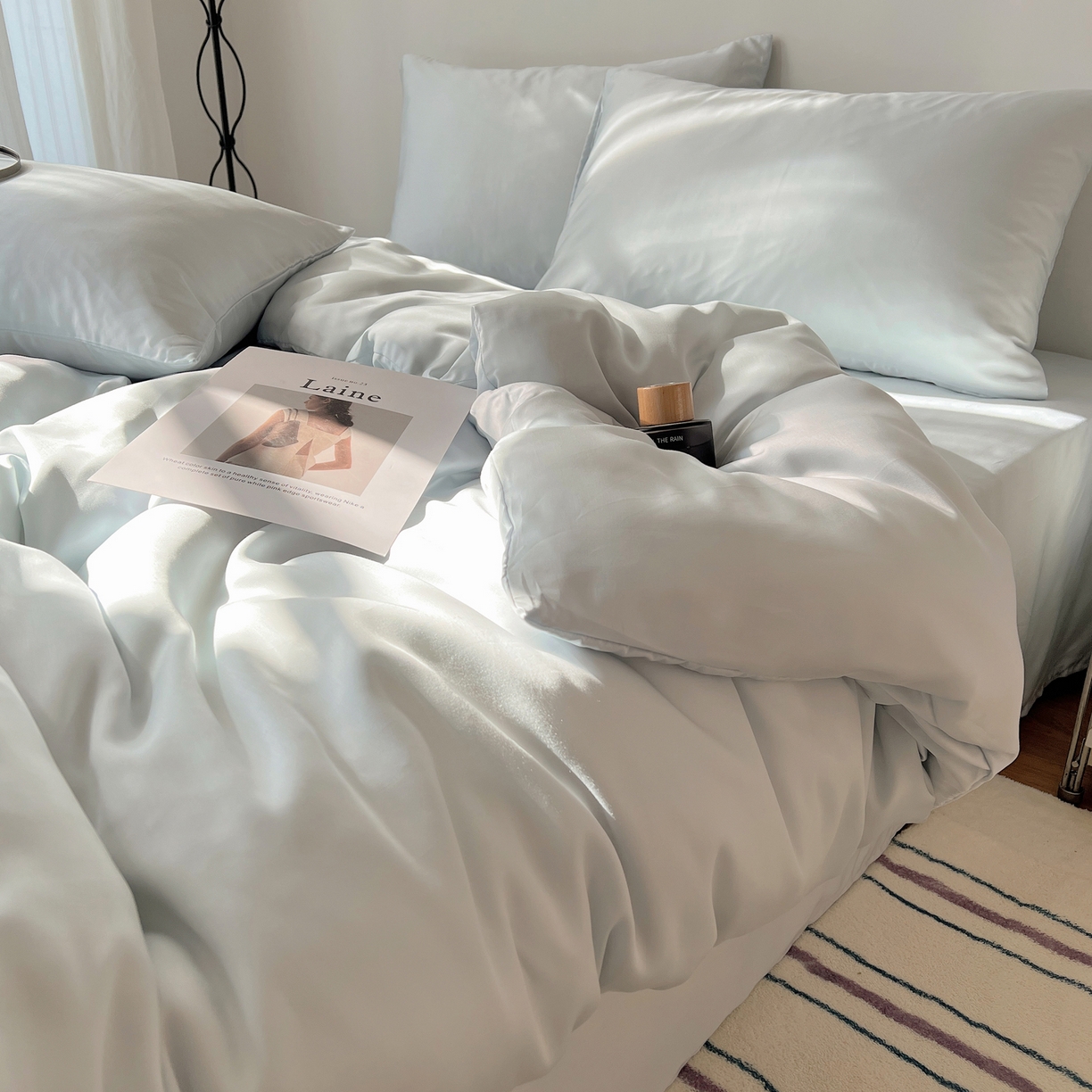 91家纺网 家纺一手货源 找家纺 悦织湾家纺 2026新款亲肤舒适冰丝四件套夏秋季凉爽透气纯色双拼床上用品学生宿舍单双人三四件套 可可蓝调