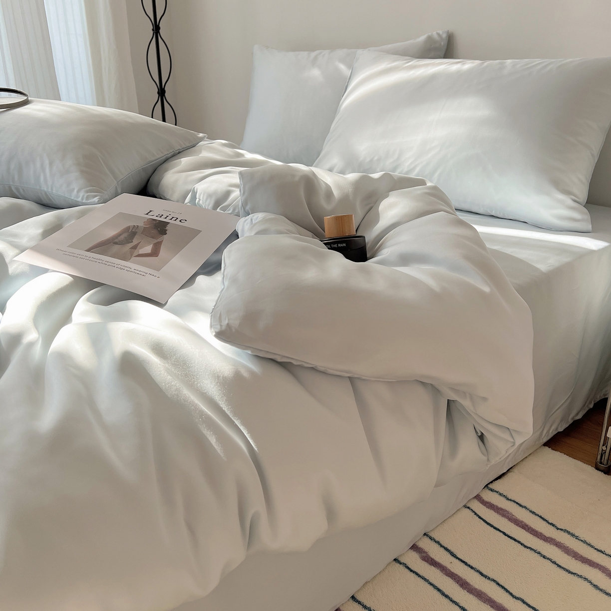 91家纺网 家纺一手货源 找家纺 悦织湾家纺 2026新款亲肤舒适冰丝四件套夏秋季凉爽透气纯色双拼床上用品学生宿舍单双人三四件套 可可蓝调